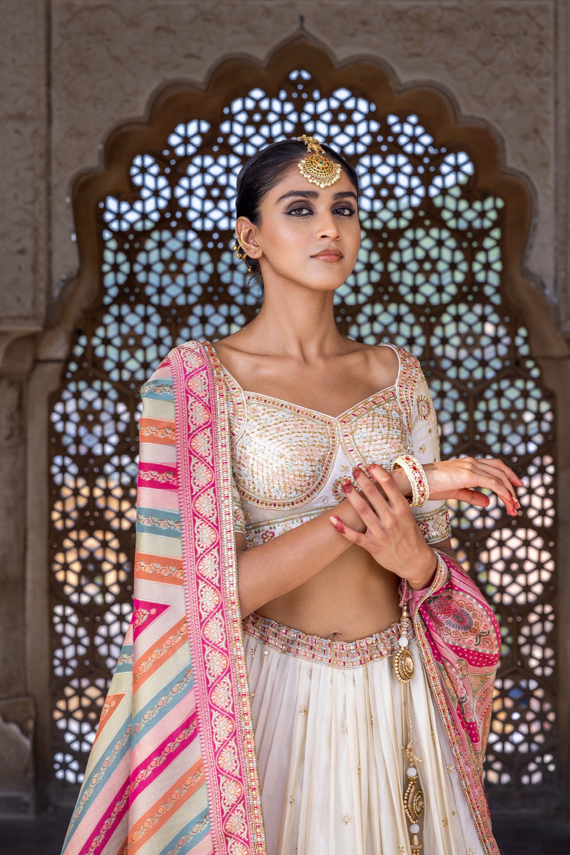 Ivory Handwork Satin Silk Lehenga Set