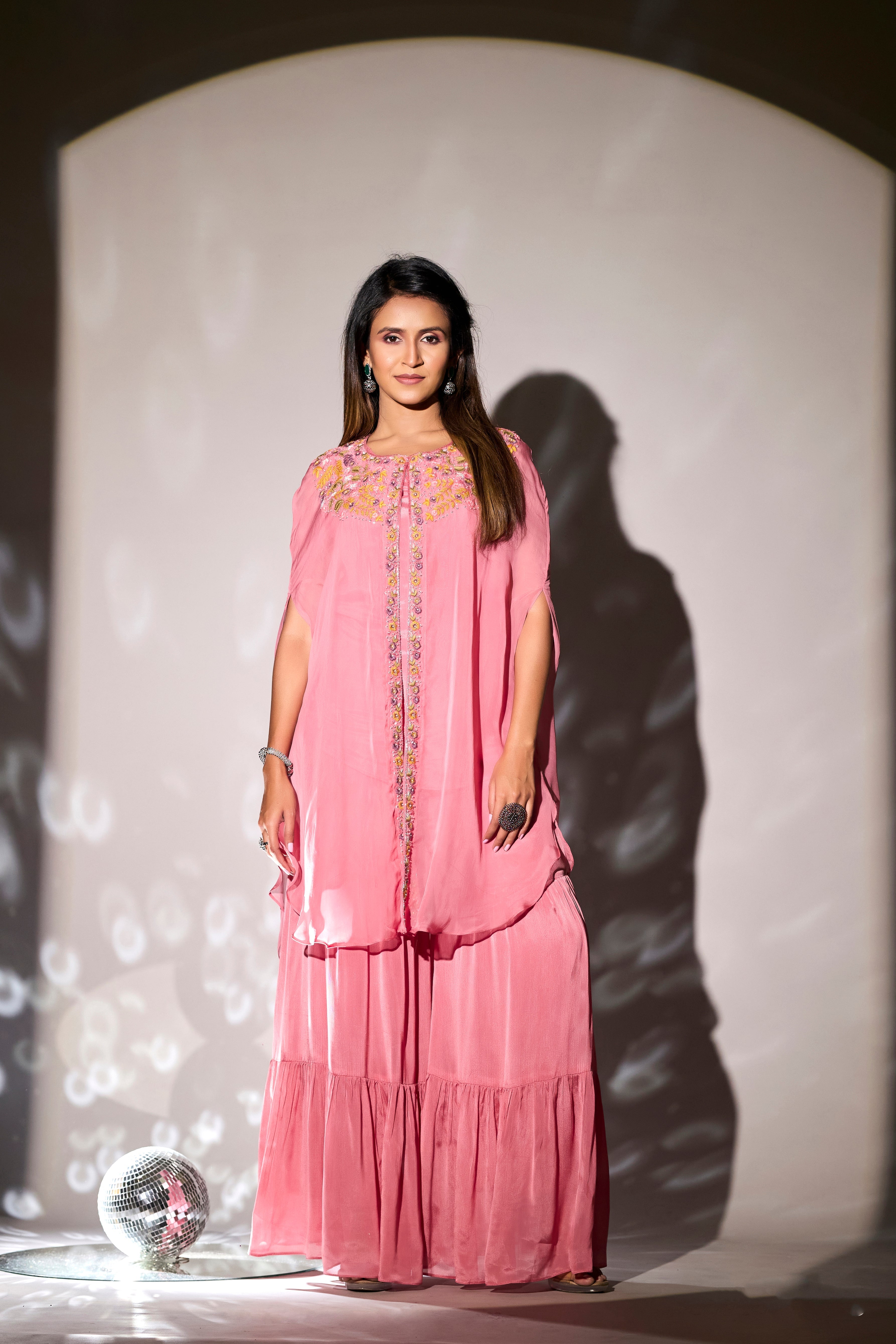 Rose Pink Embroidered Chinon Silk Cape & Sharara Set