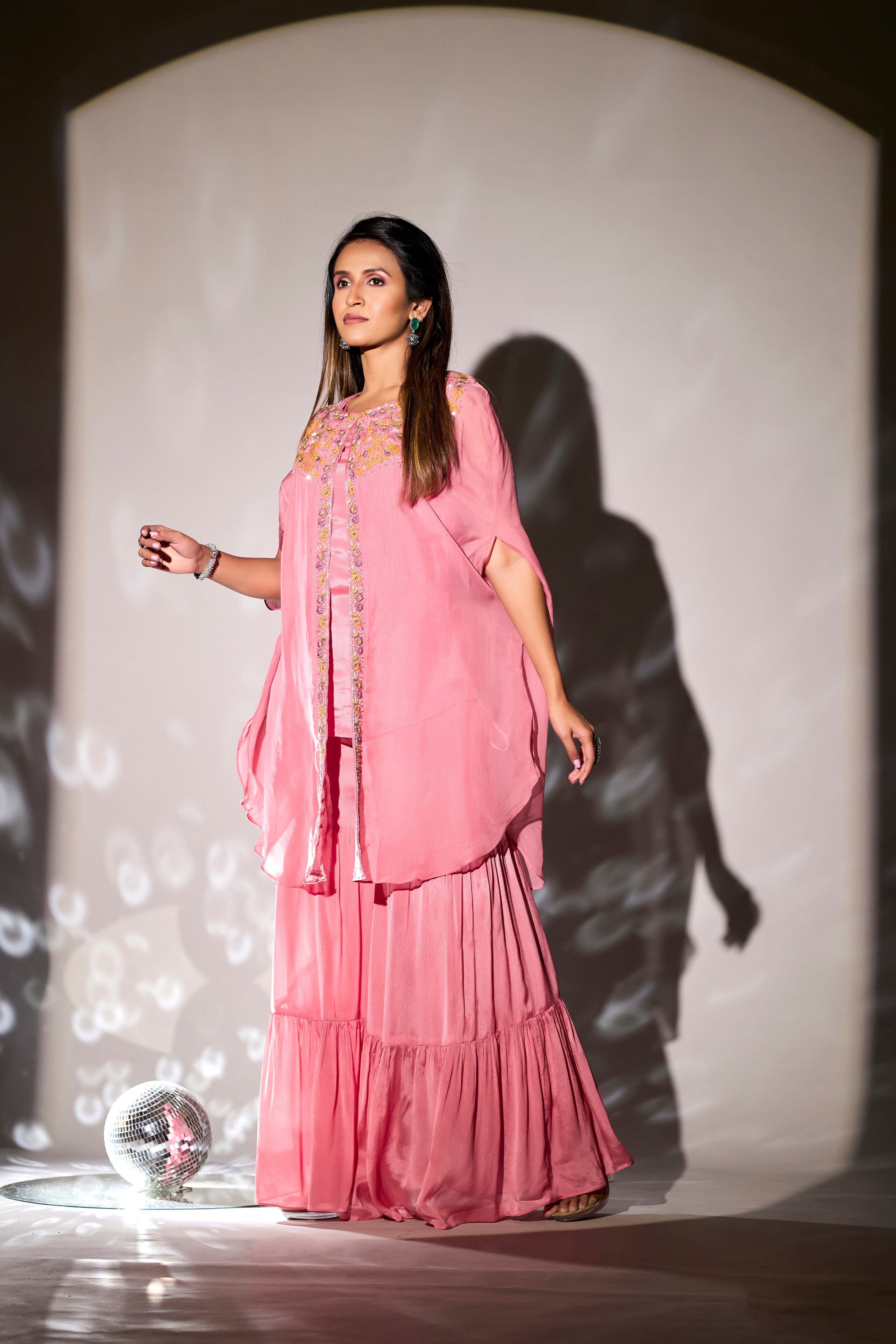 Rose Pink Embroidered Chinon Silk Cape & Sharara Set