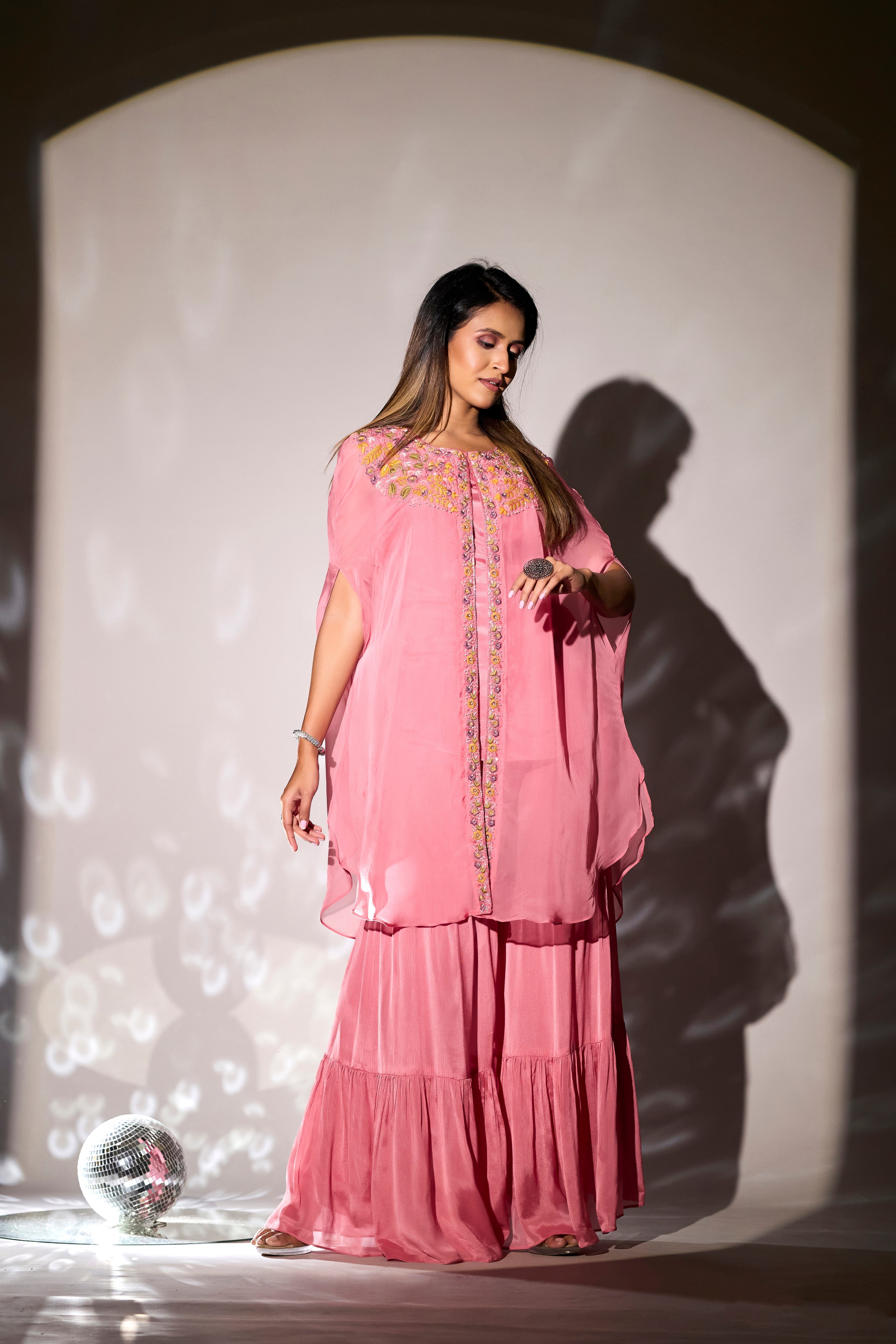 Rose Pink Embroidered Chinon Silk Cape & Sharara Set