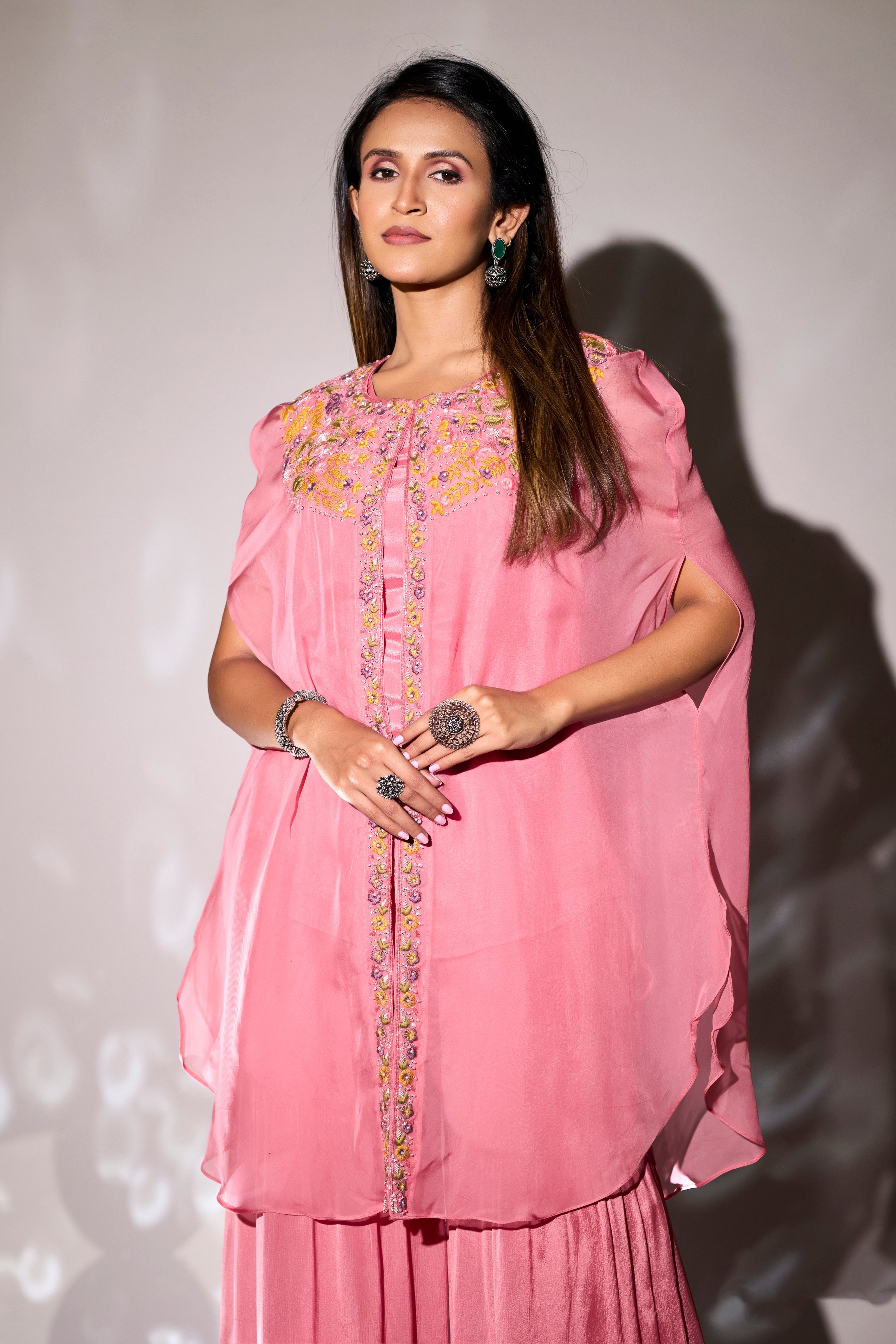 Rose Pink Embroidered Chinon Silk Cape & Sharara Set