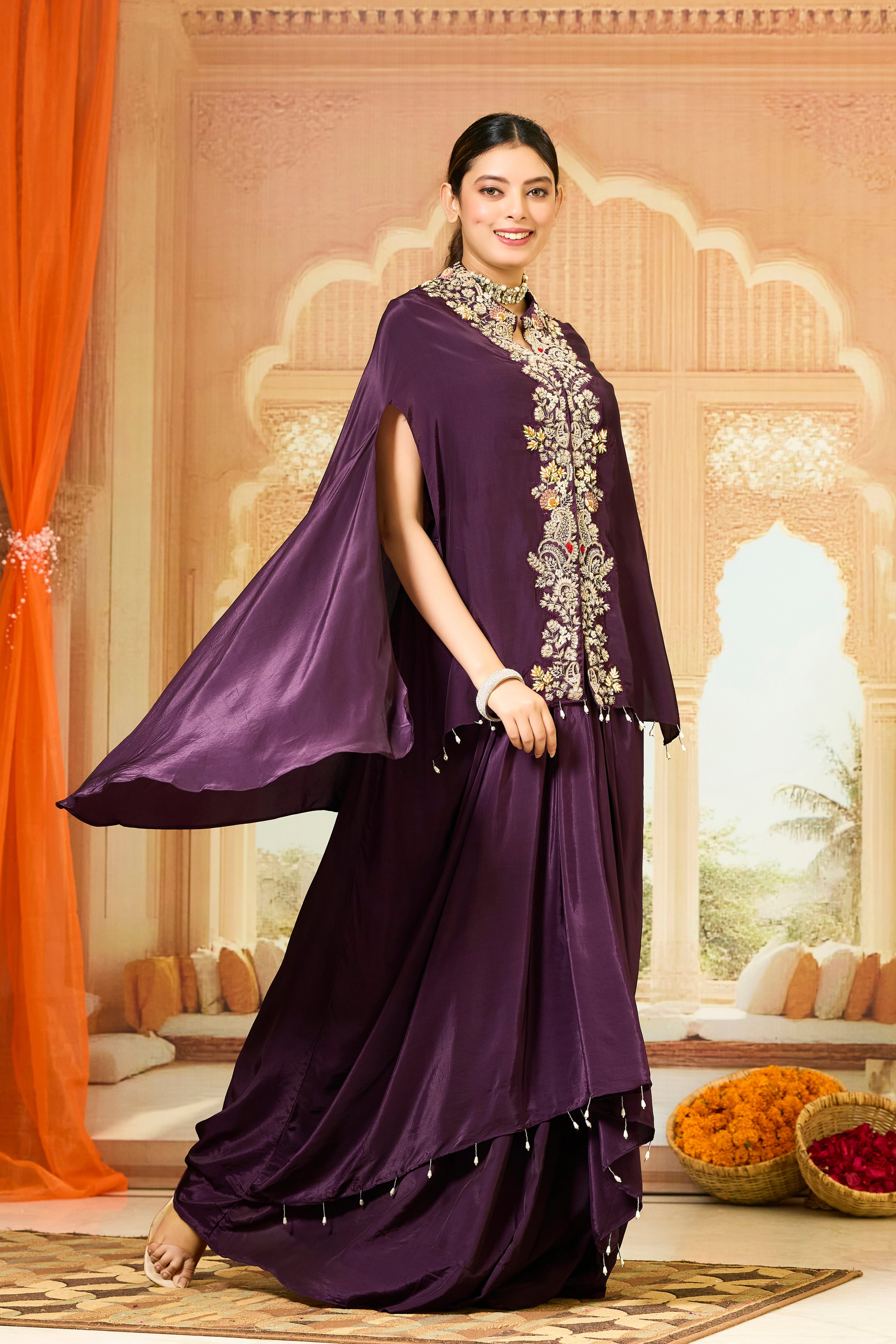 Burgundy Embroidered Crepe Silk Skirt Set