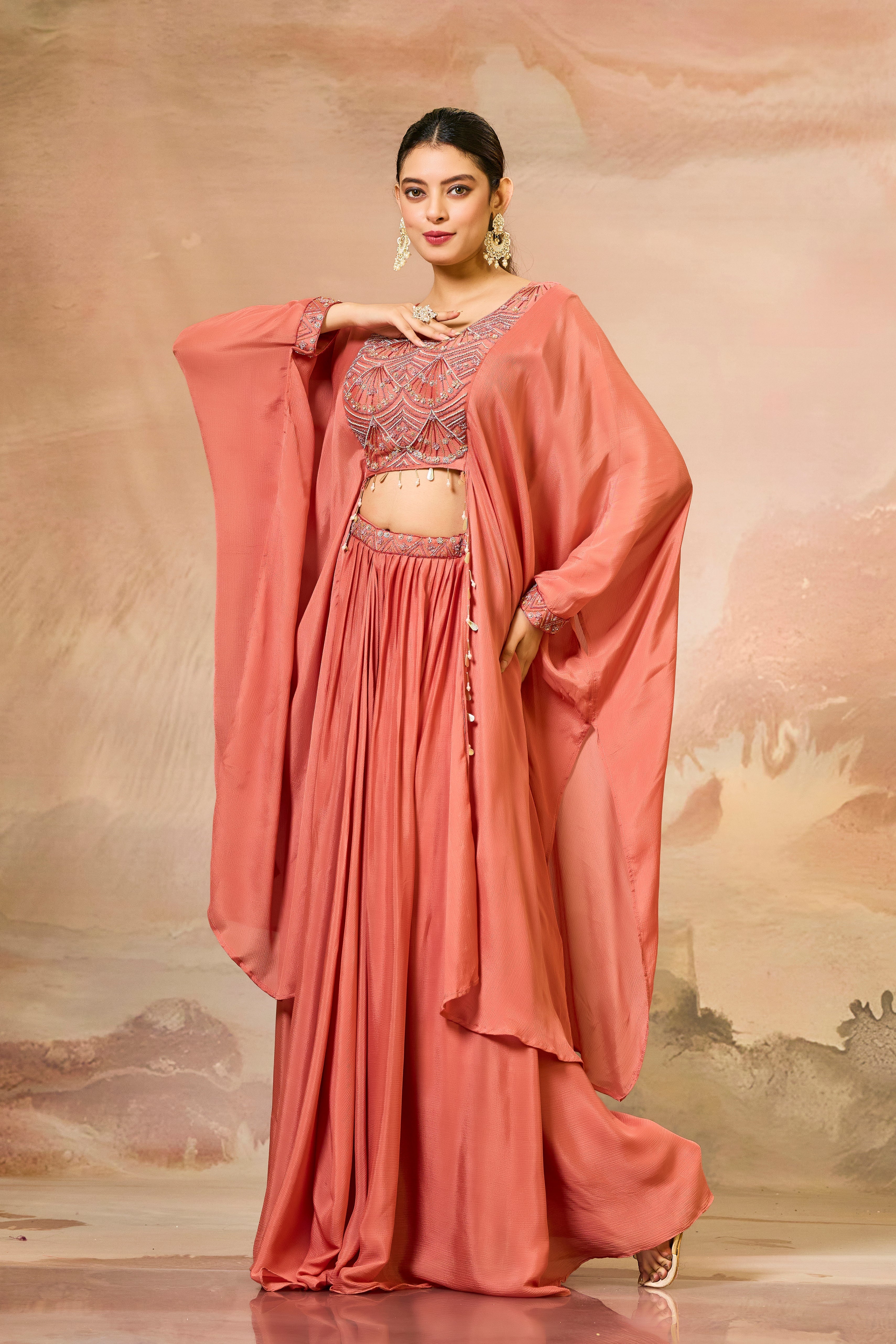 Pastel Orange Embroidered Chinon Silk Skirt Set