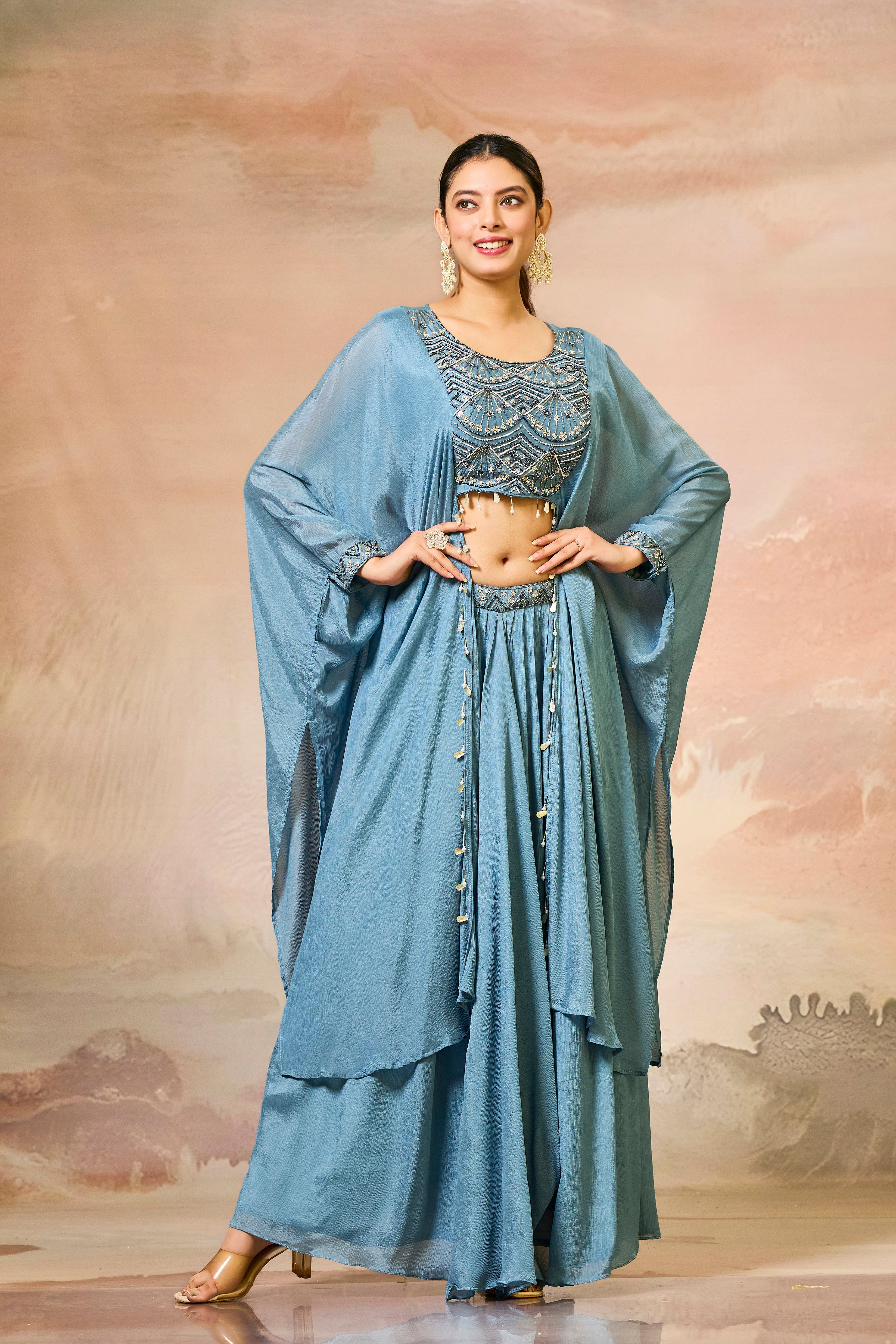 Pastel Blue Embroidered Chinon Silk Skirt Set