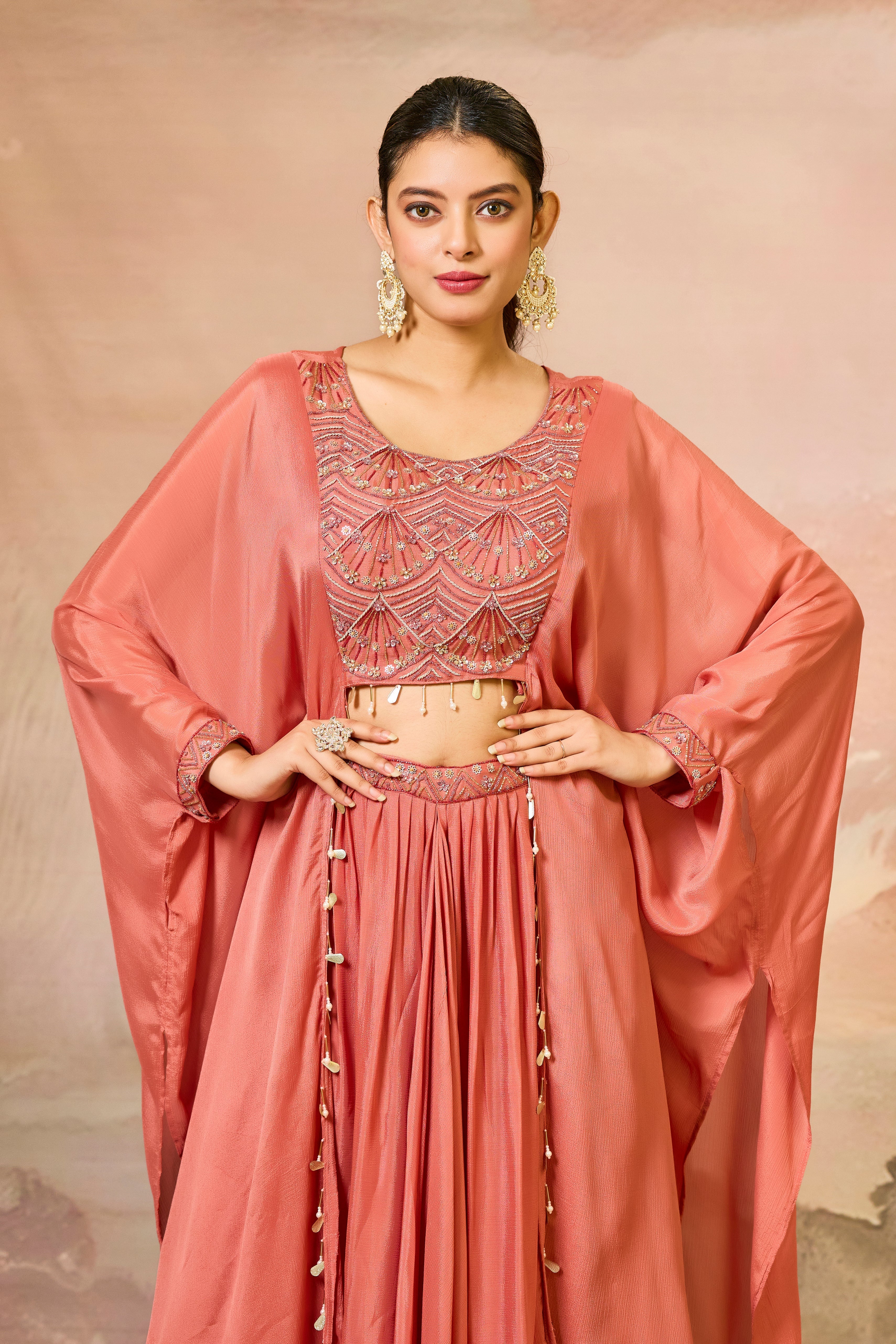 Pastel Orange Embroidered Chinon Silk Skirt Set
