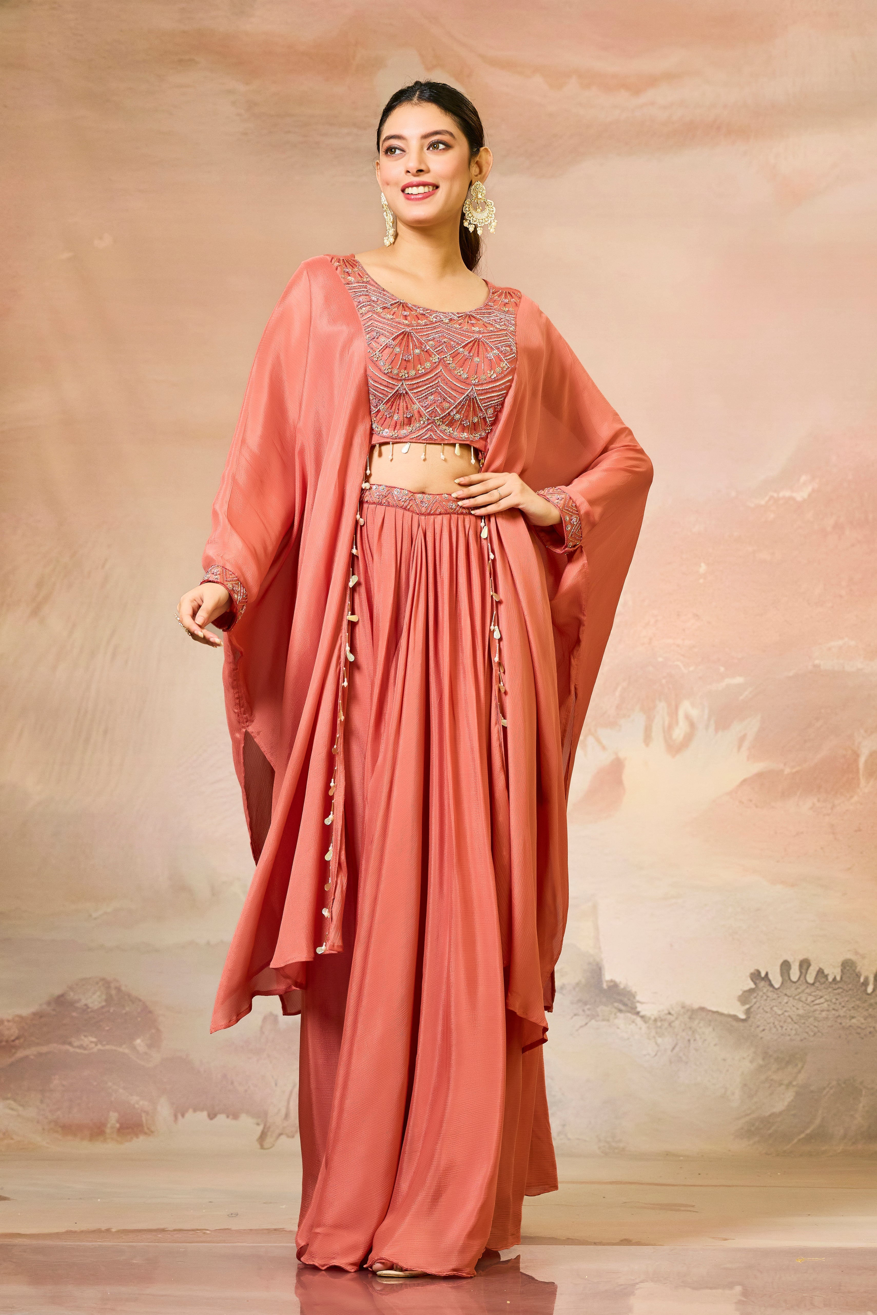 Pastel Orange Embroidered Chinon Silk Skirt Set