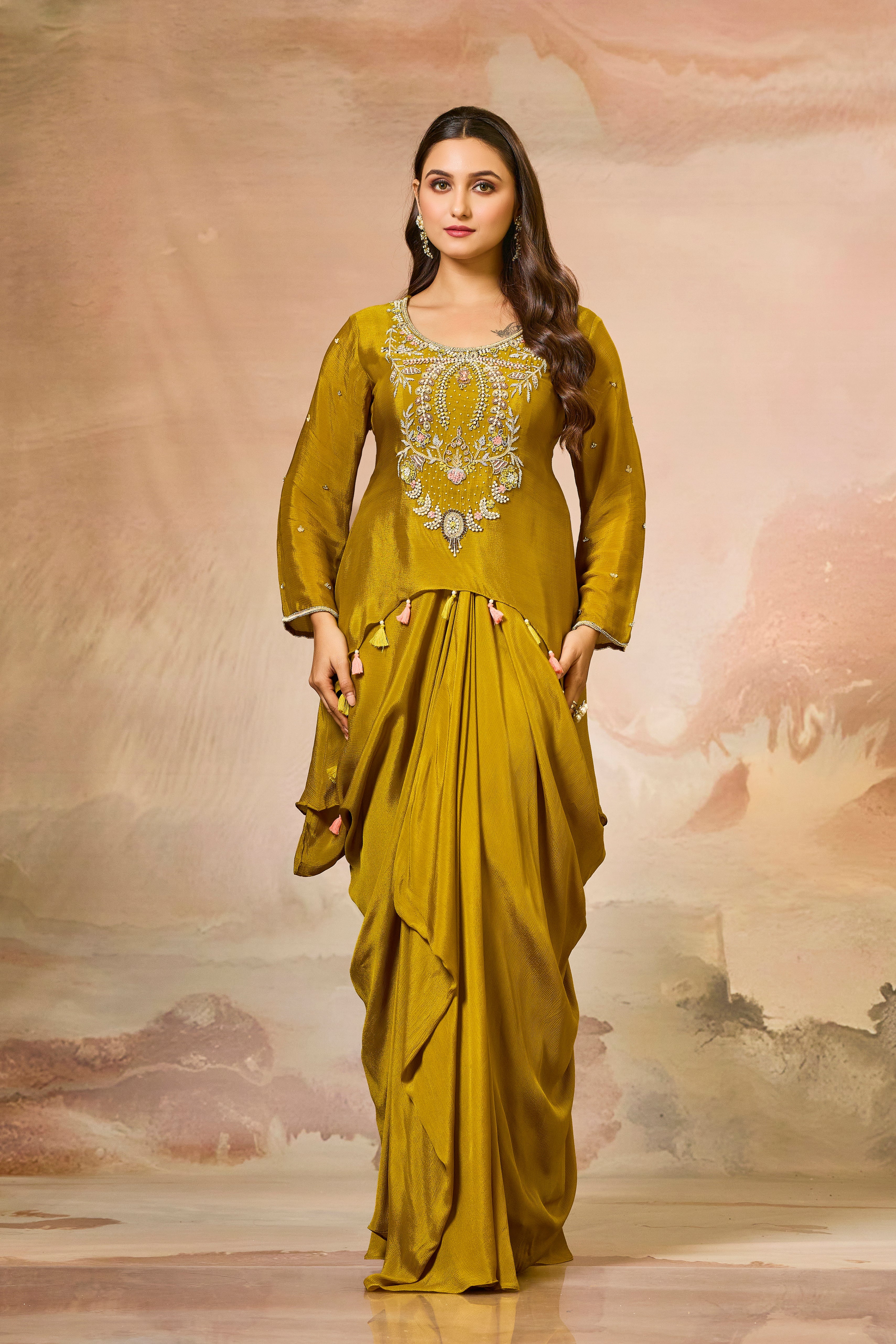 Mustard Embroidered Chinon Silk Skirt Set