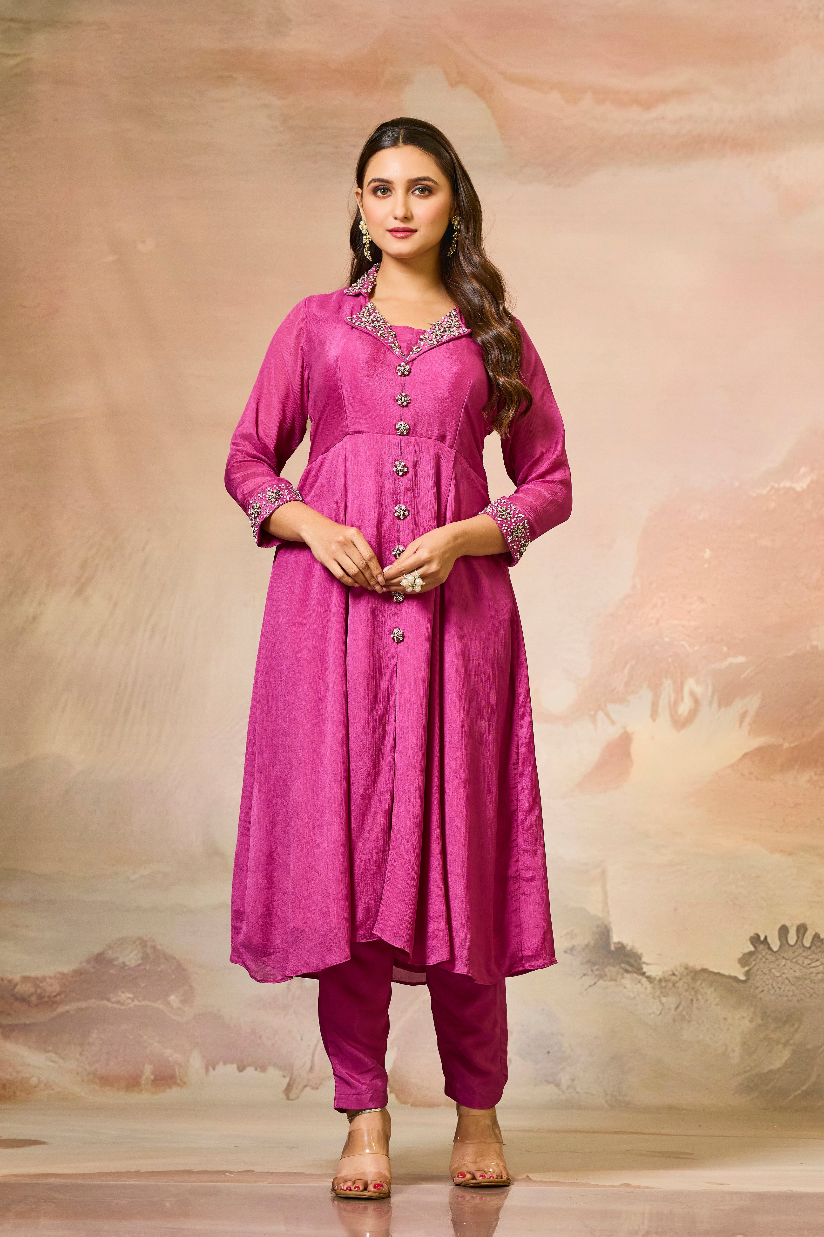Pink Embellished Chinon Silk Kurta Set