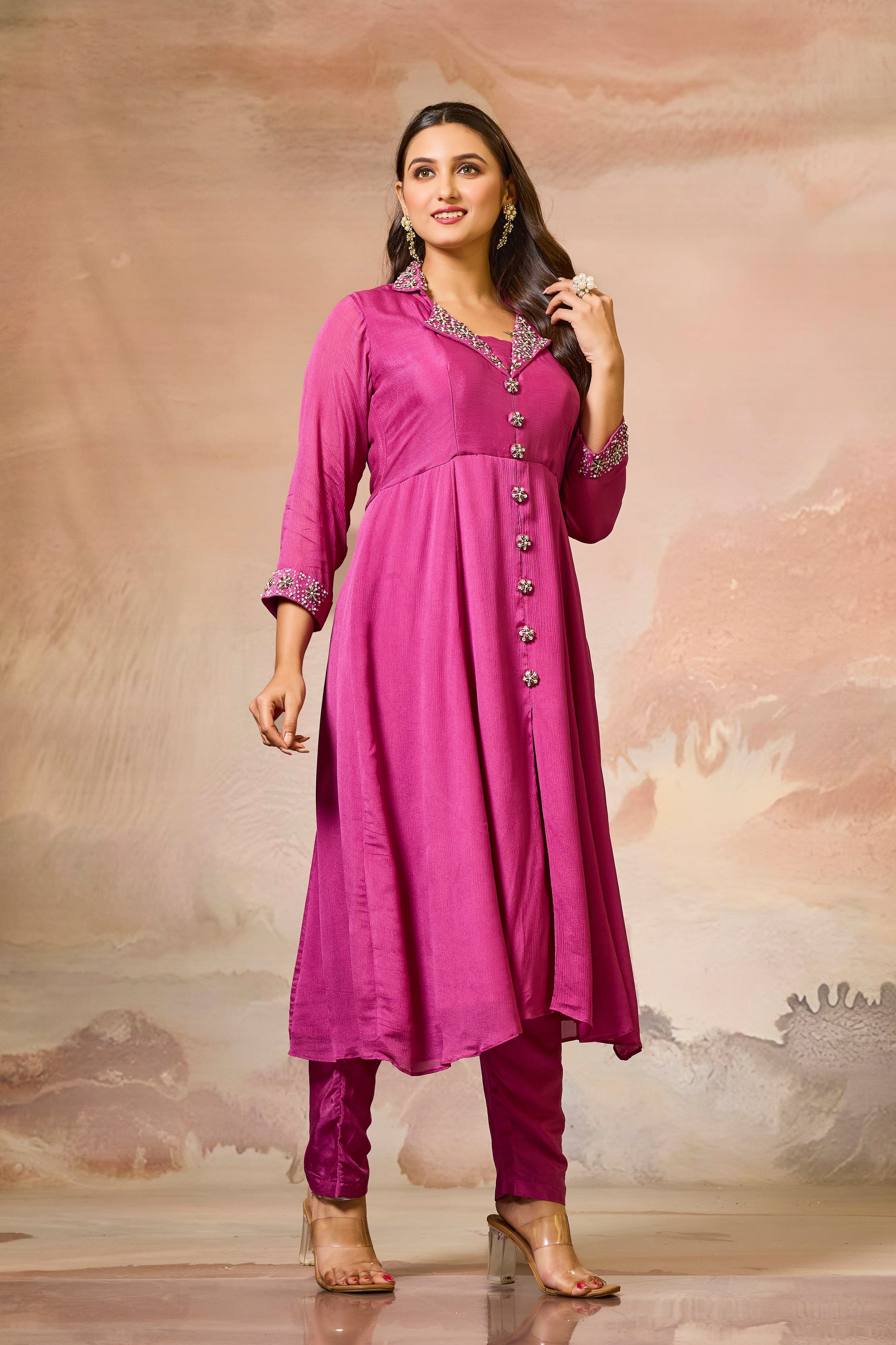 Pink Embellished Chinon Silk Kurta Set