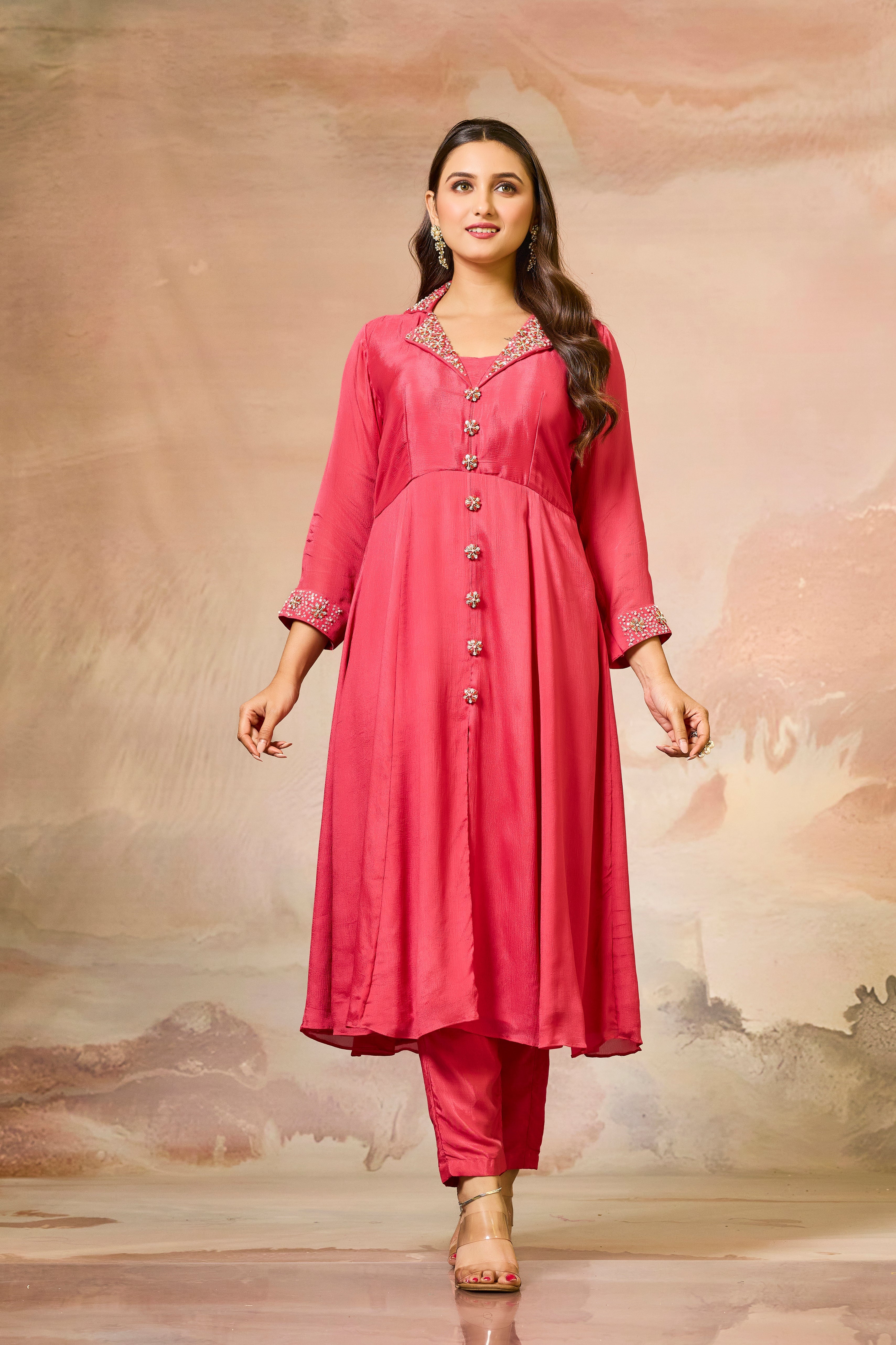 Red Embellished Chinon Silk Kurta Set