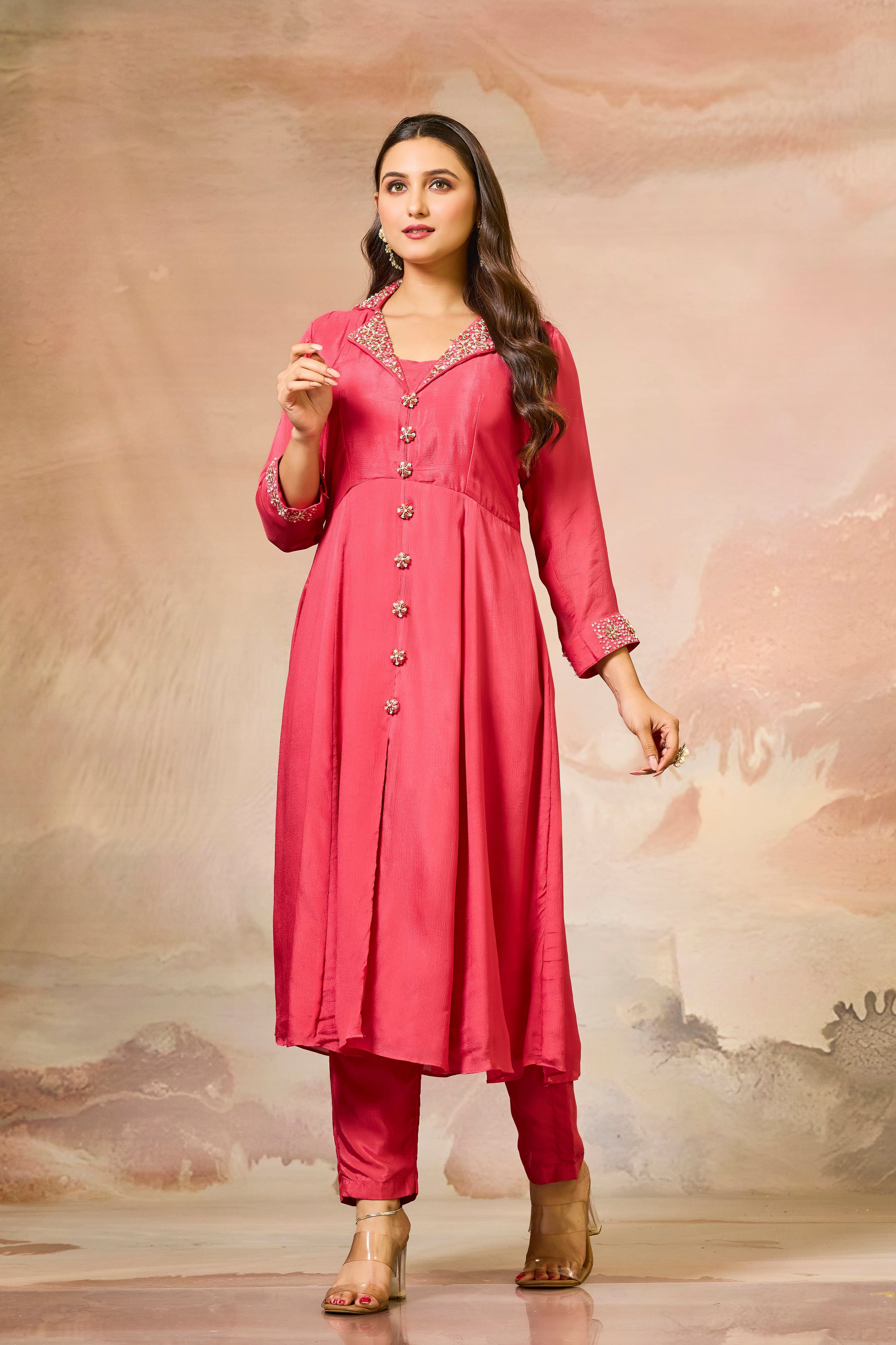 Red Embellished Chinon Silk Kurta Set