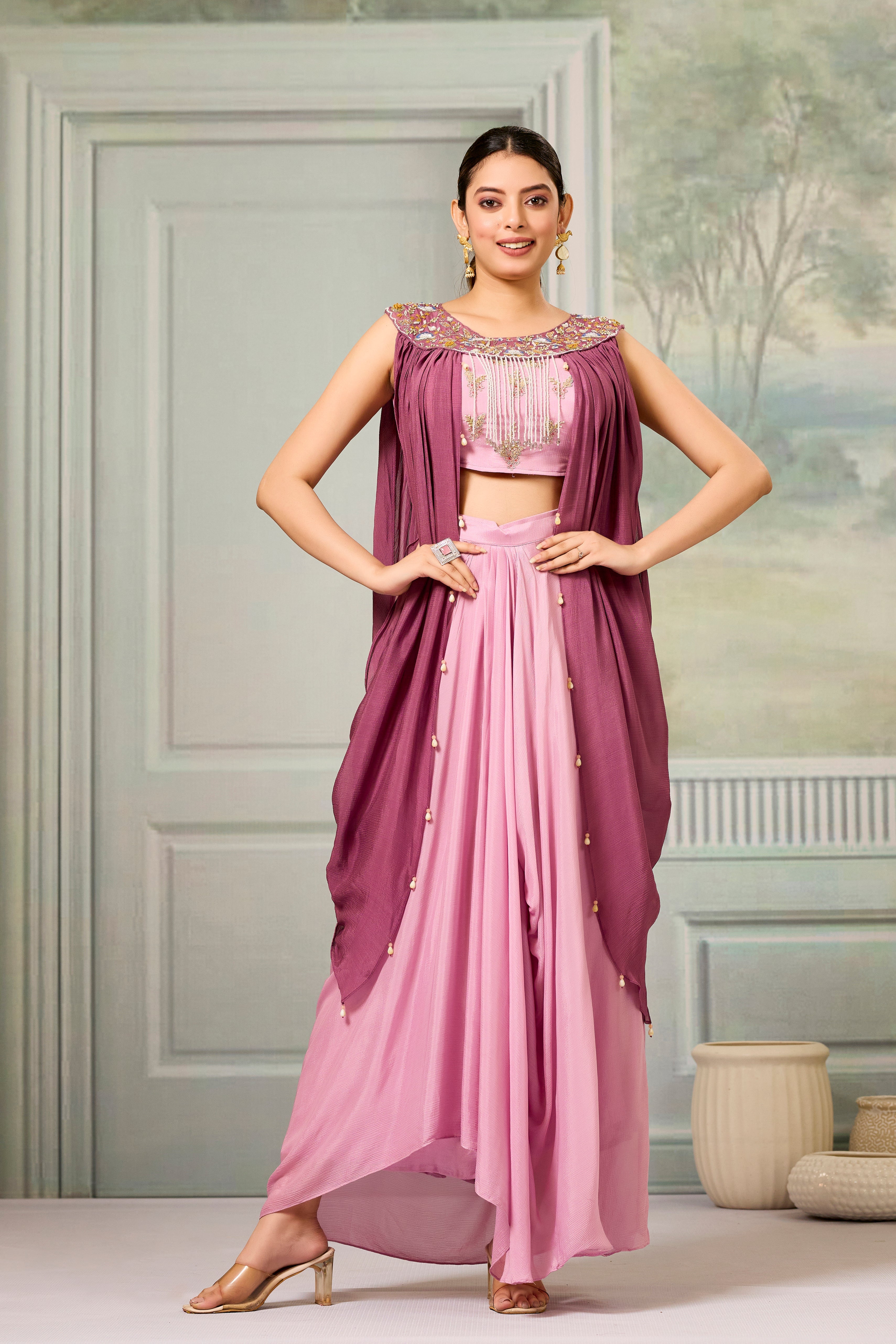 Forever Pink Embellished Chinon Silk Skirt Set