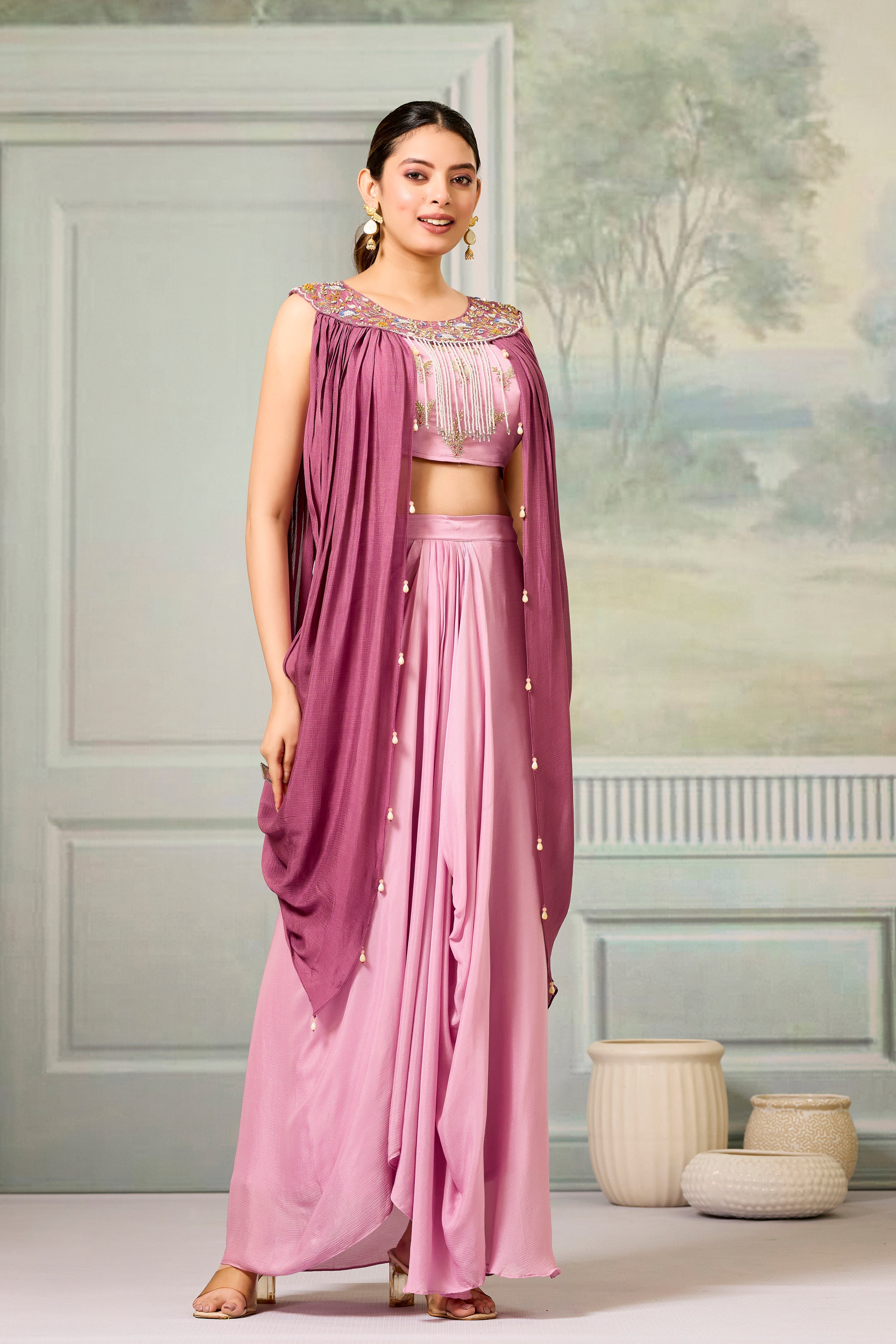 Forever Pink Embellished Chinon Silk Skirt Set