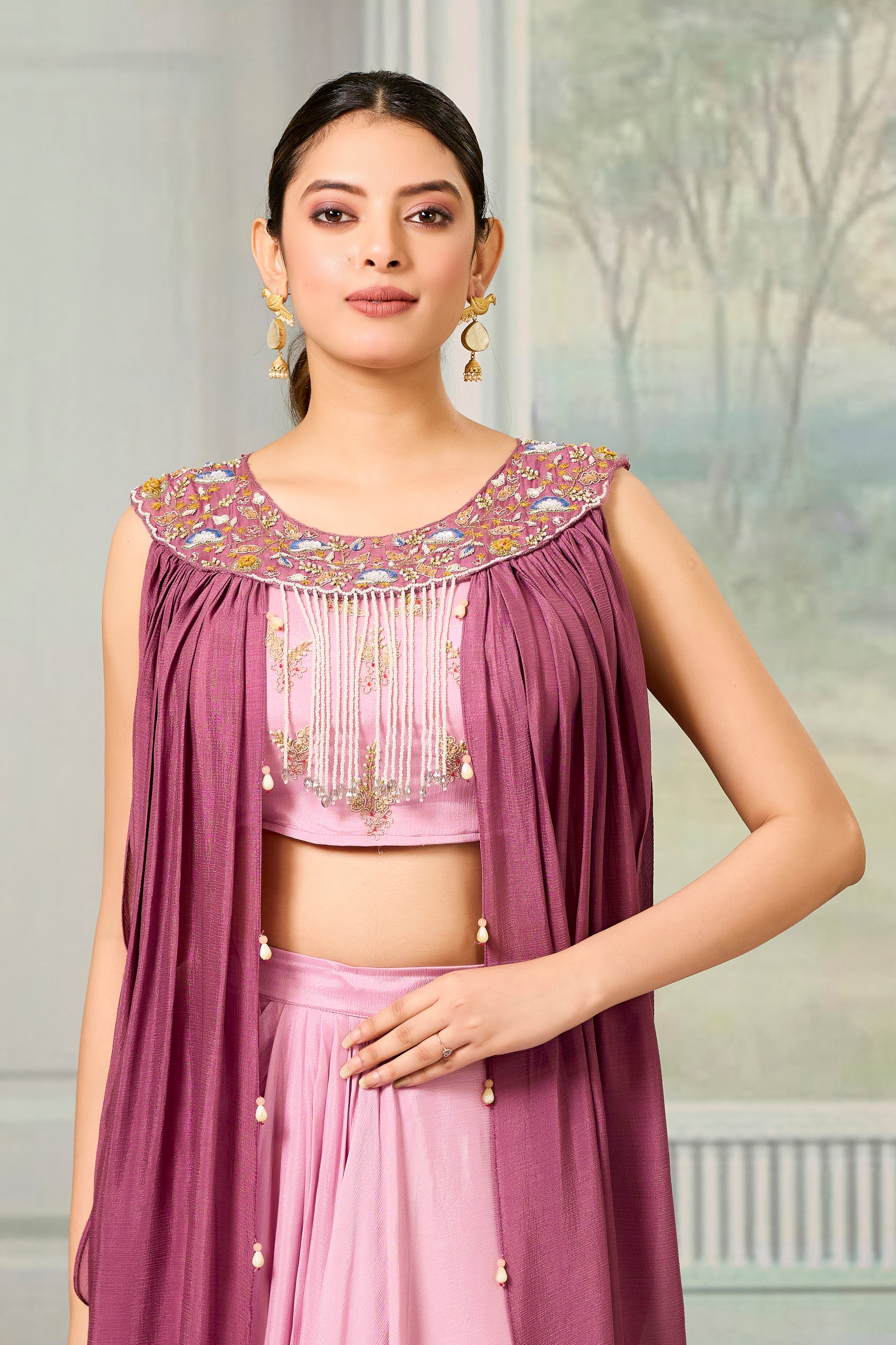 Forever Pink Embellished Chinon Silk Skirt Set