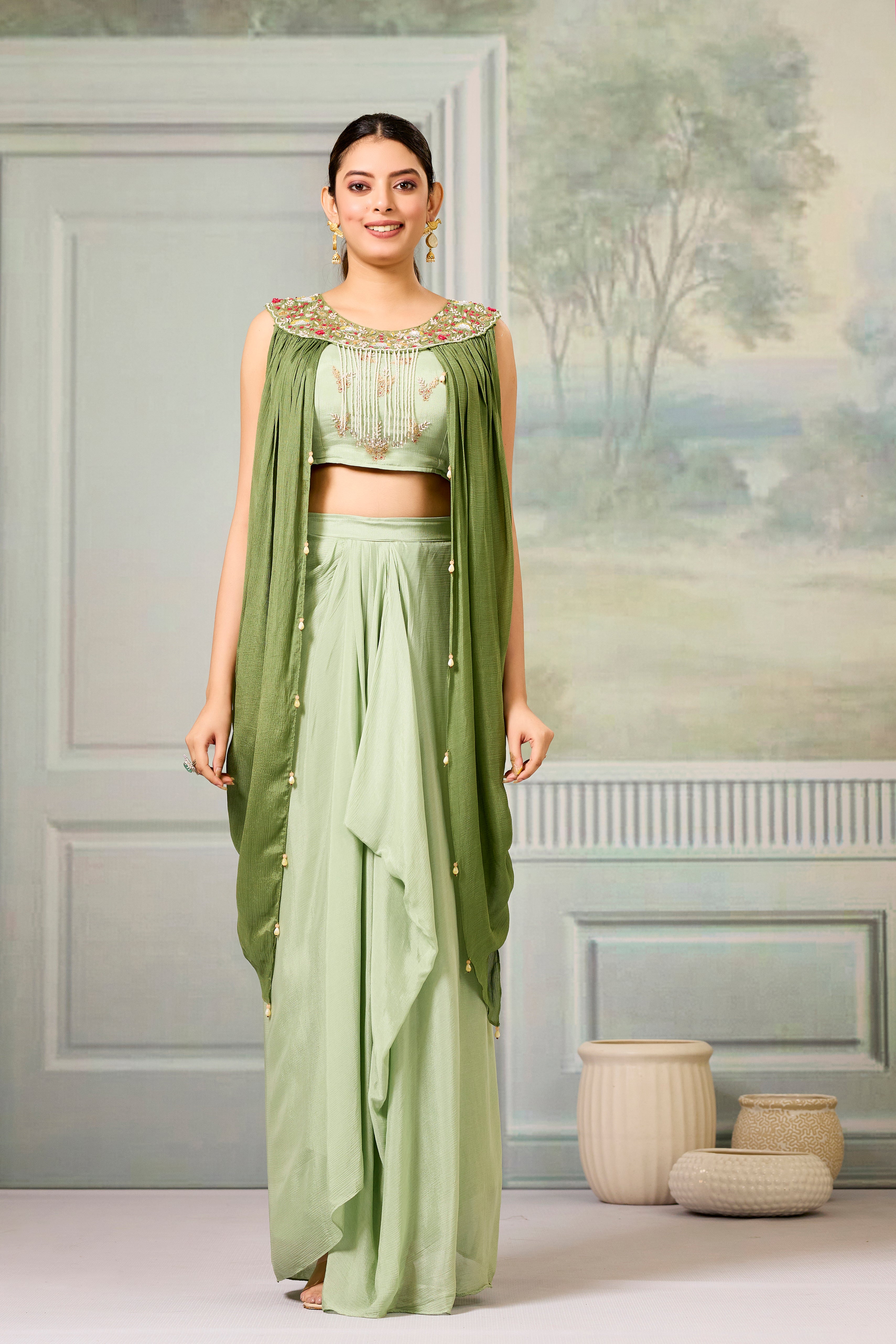 Green Embellished Chinon Silk Skirt Set