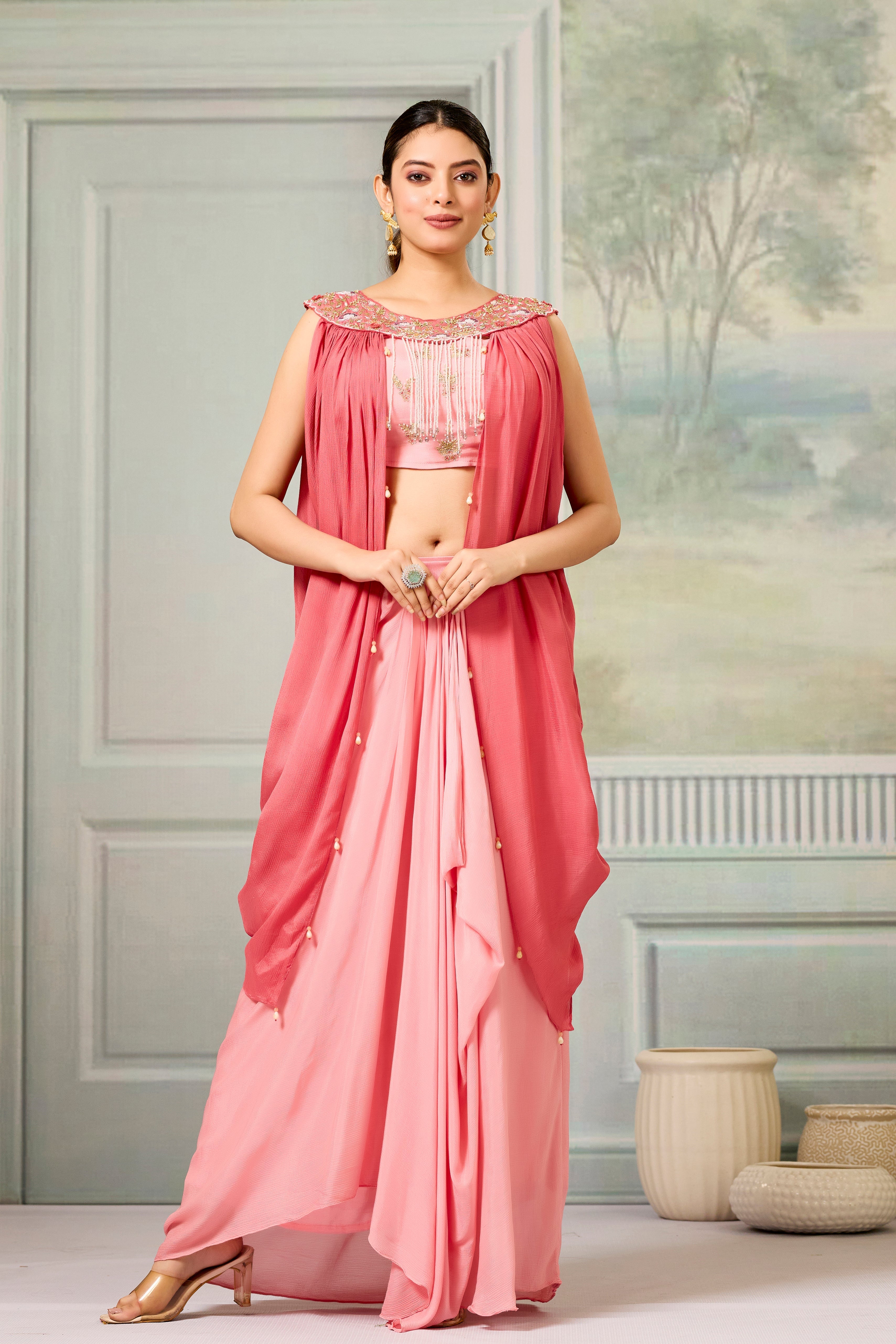 Pastel Pink Embellished Chinon Silk Skirt Set