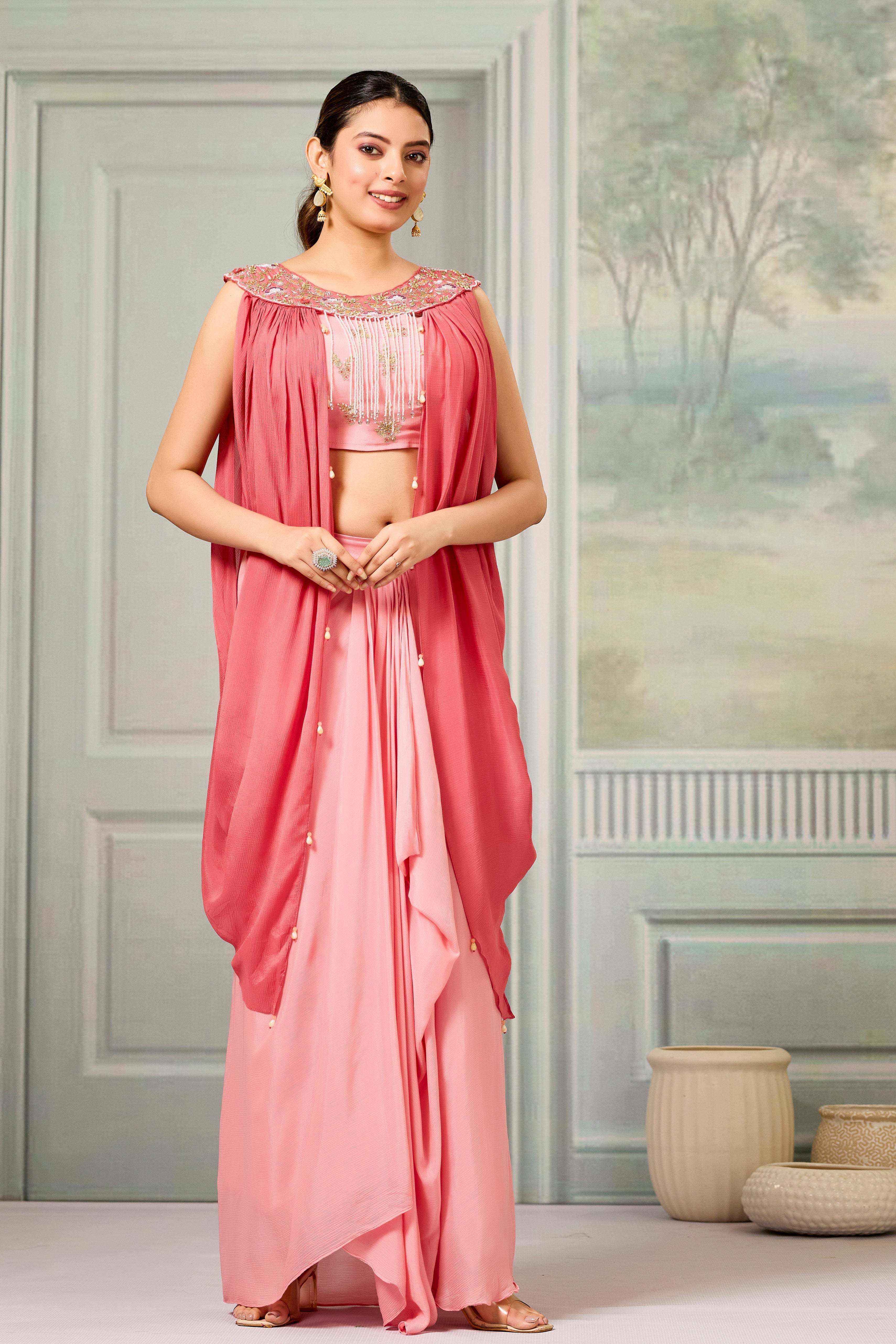 Pastel Pink Embellished Chinon Silk Skirt Set