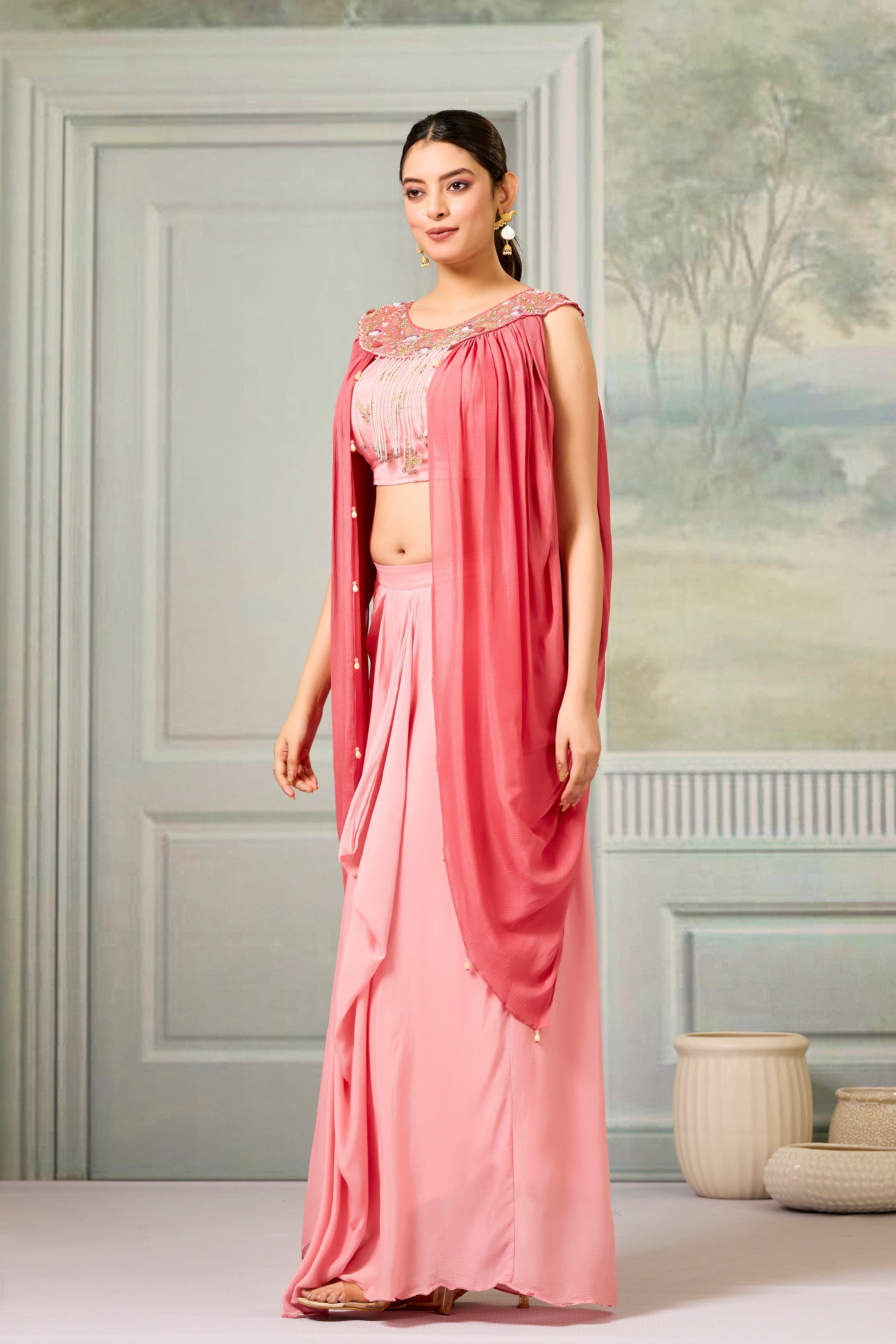 Pastel Pink Embellished Chinon Silk Skirt Set