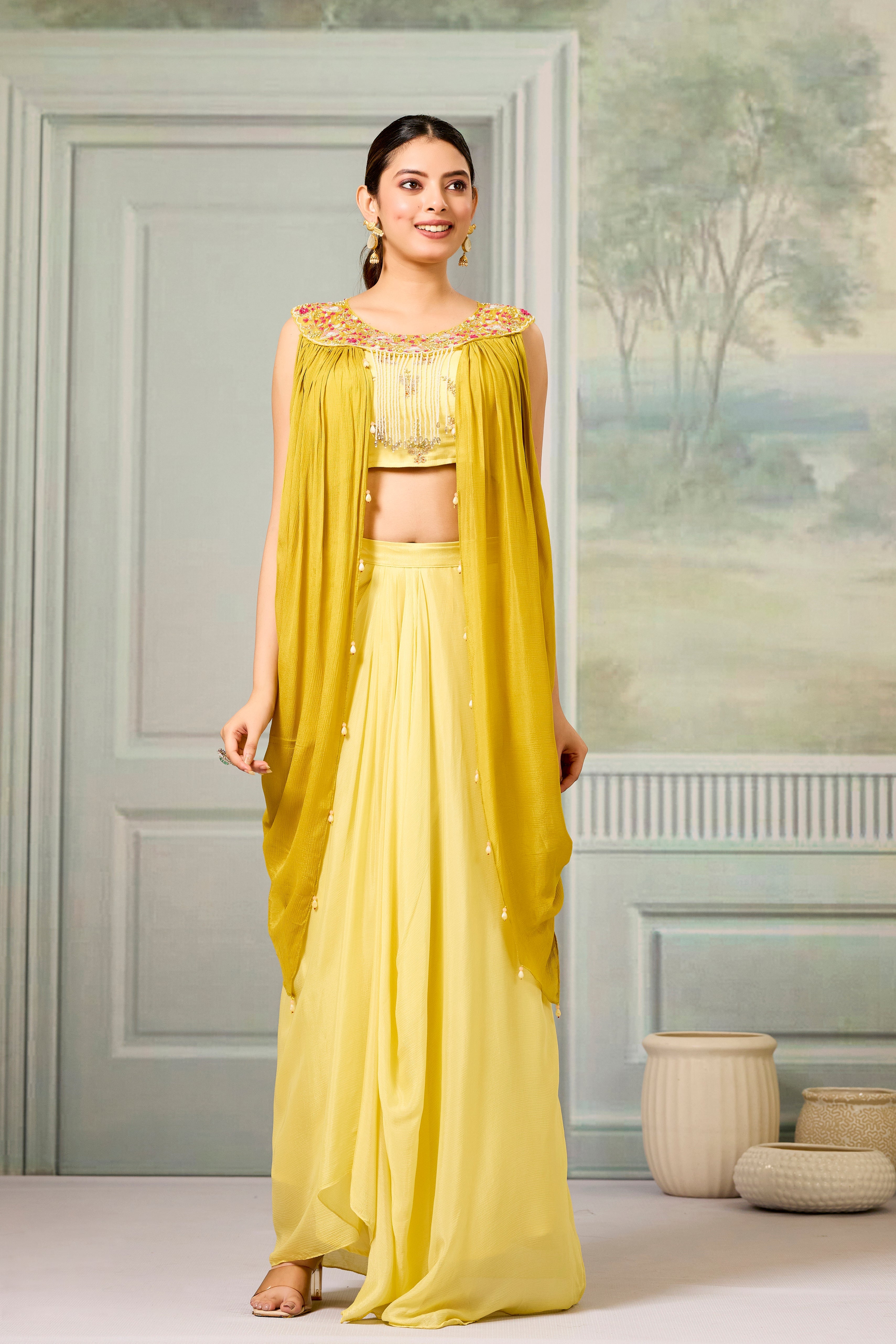 Yellow Embellished Chinon Silk Skirt Set