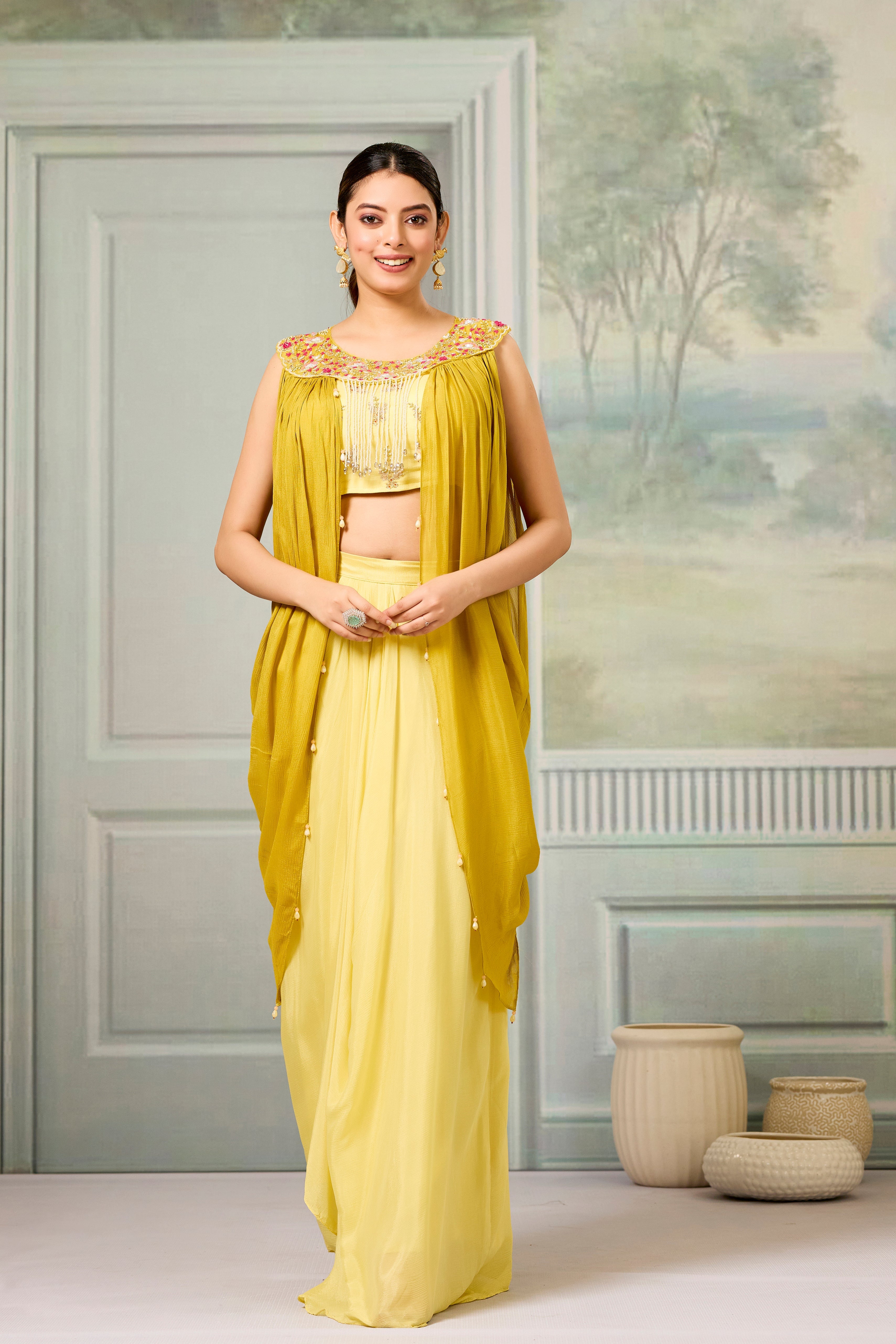 Yellow Embellished Chinon Silk Skirt Set