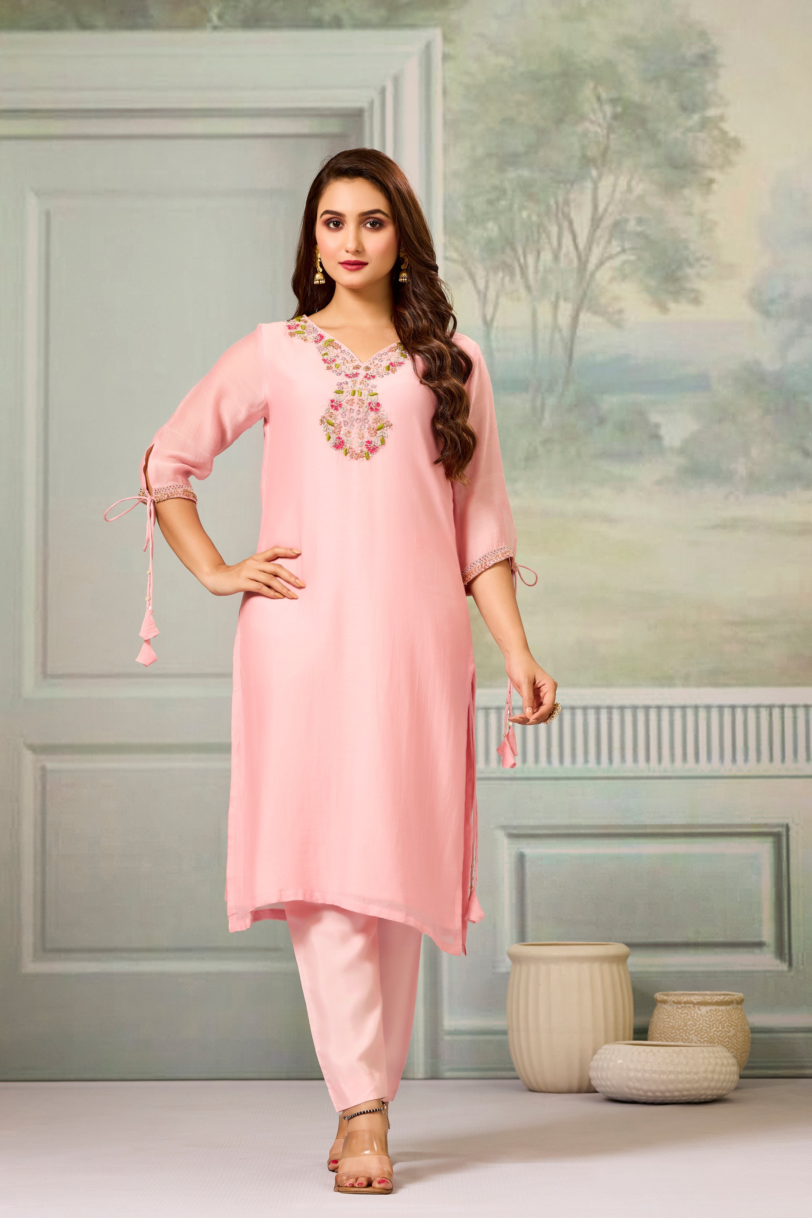 Pink Handwork Mul-Chanderi Silk Kurta Pants Set