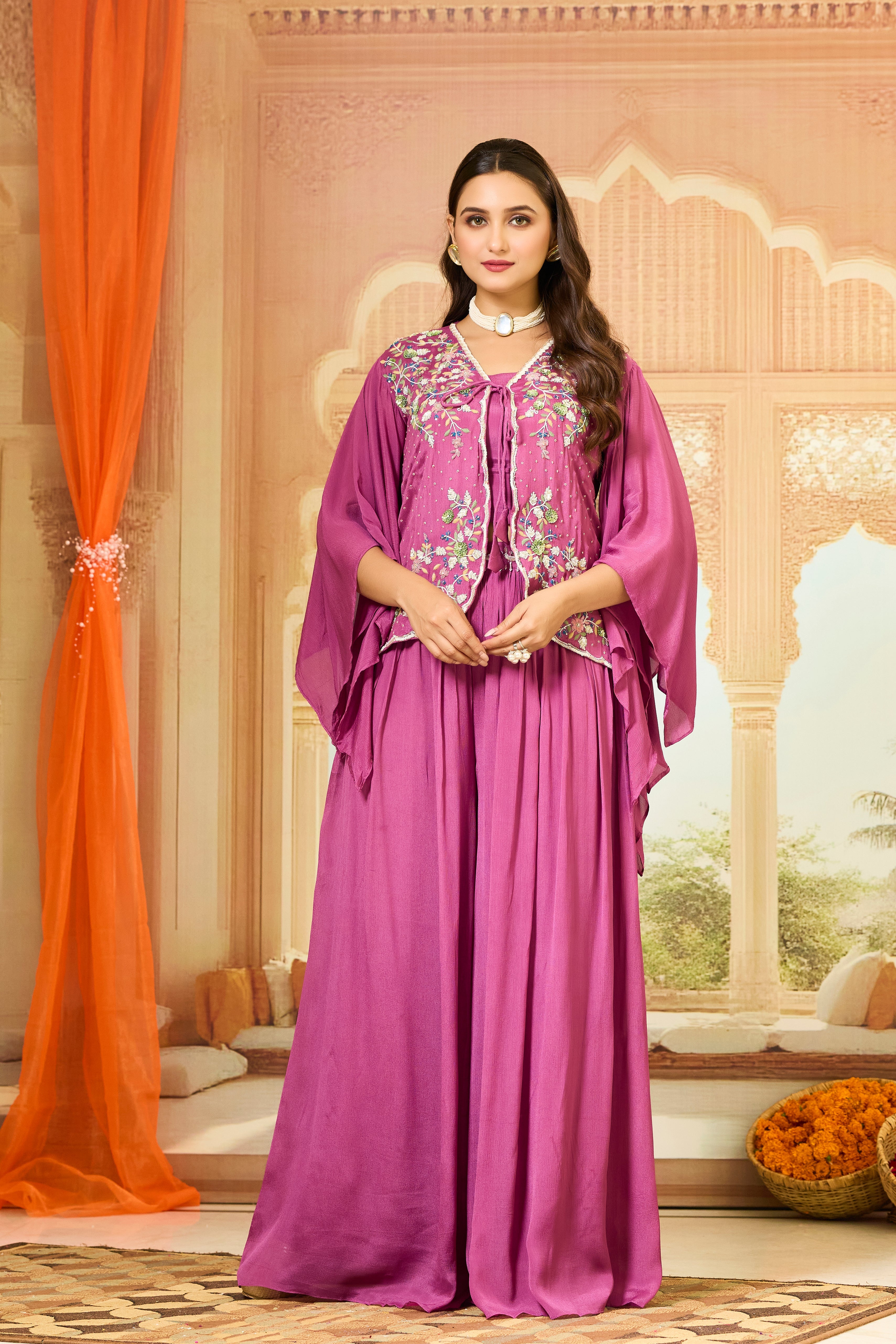 Dark Pink Embellished Chinon Silk Palazzo Set