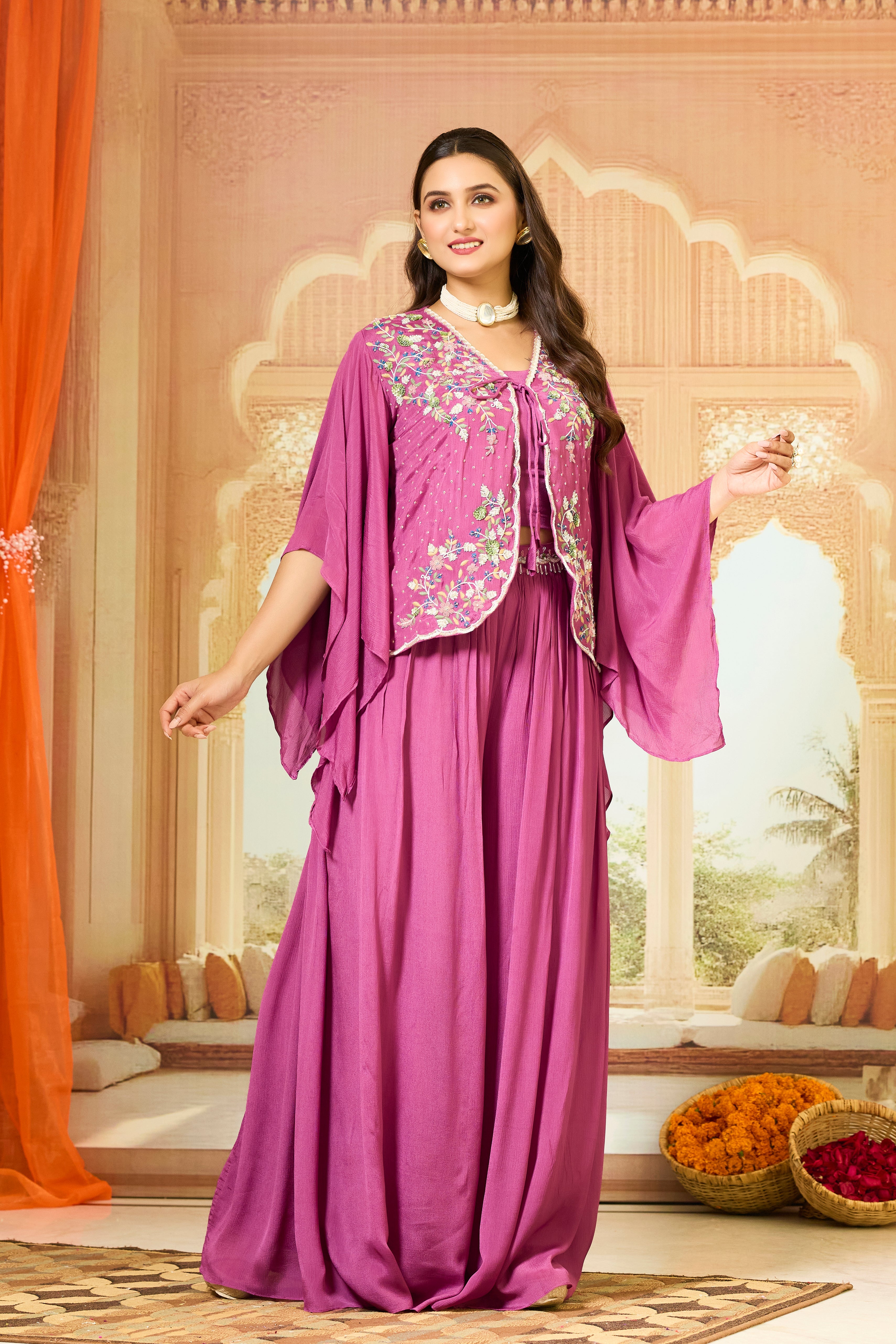 Dark Pink Embellished Chinon Silk Palazzo Set