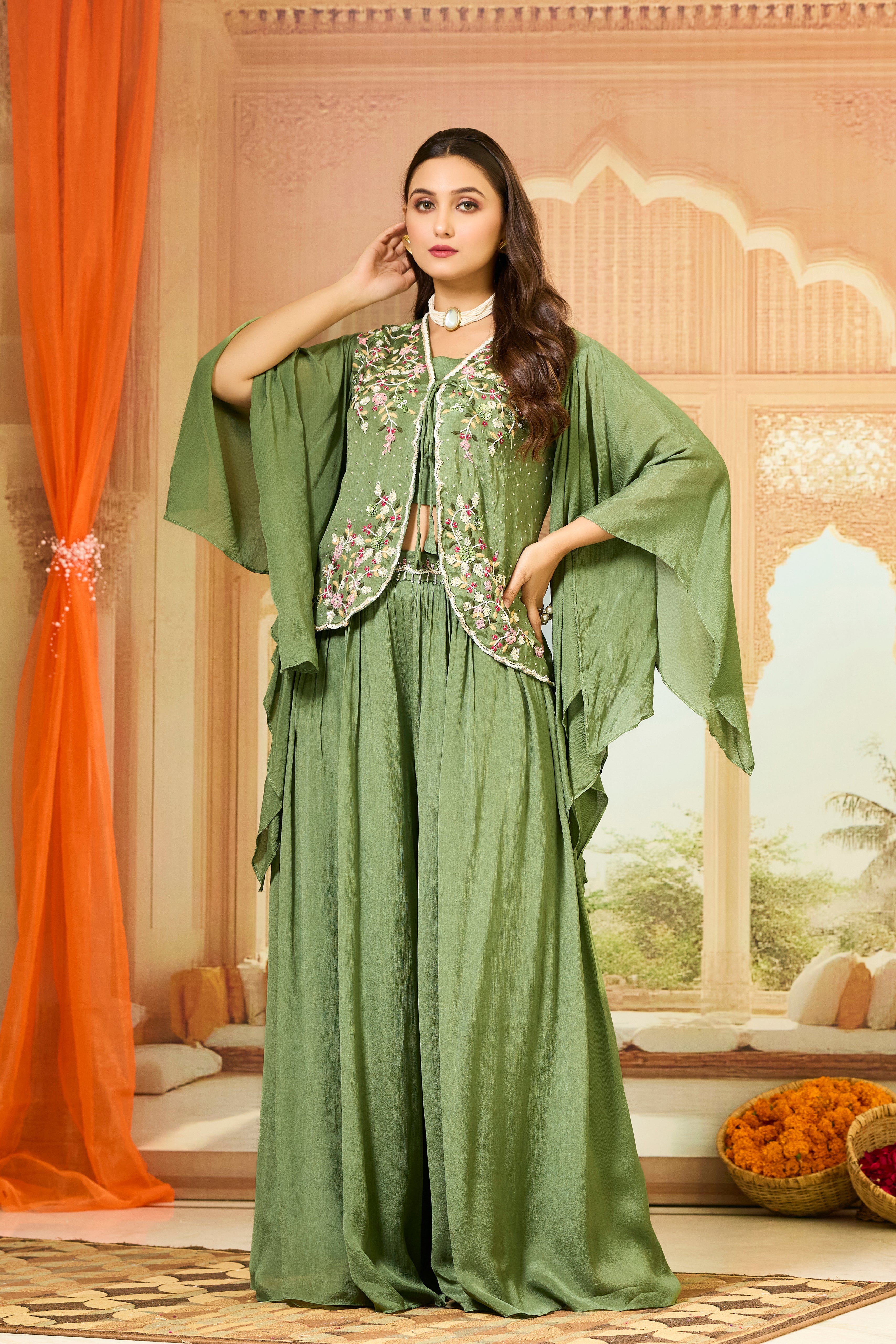 Green Embellished Chinon Silk Palazzo Set