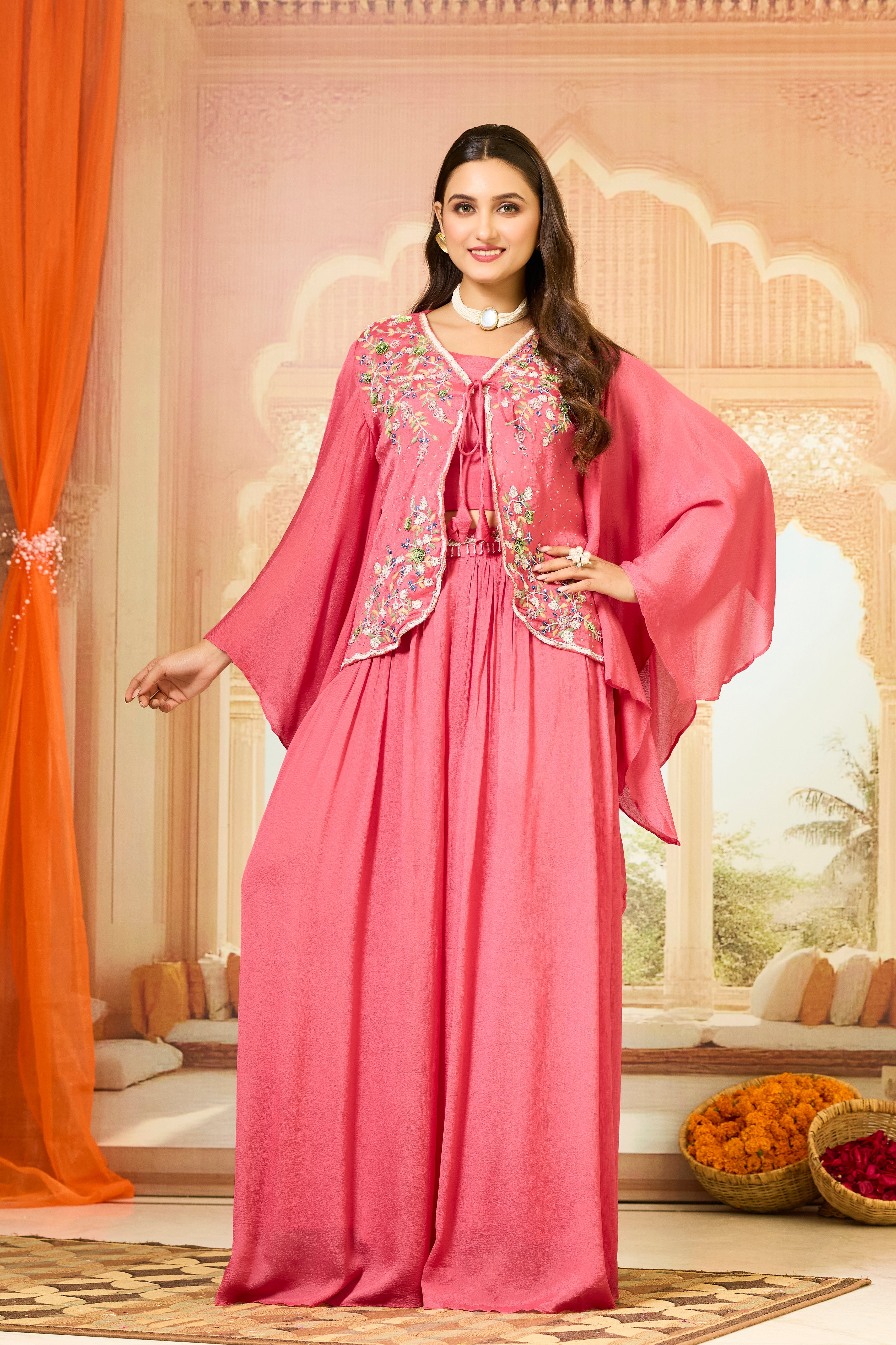Pink Embellished Chinon Silk Palazzo Set