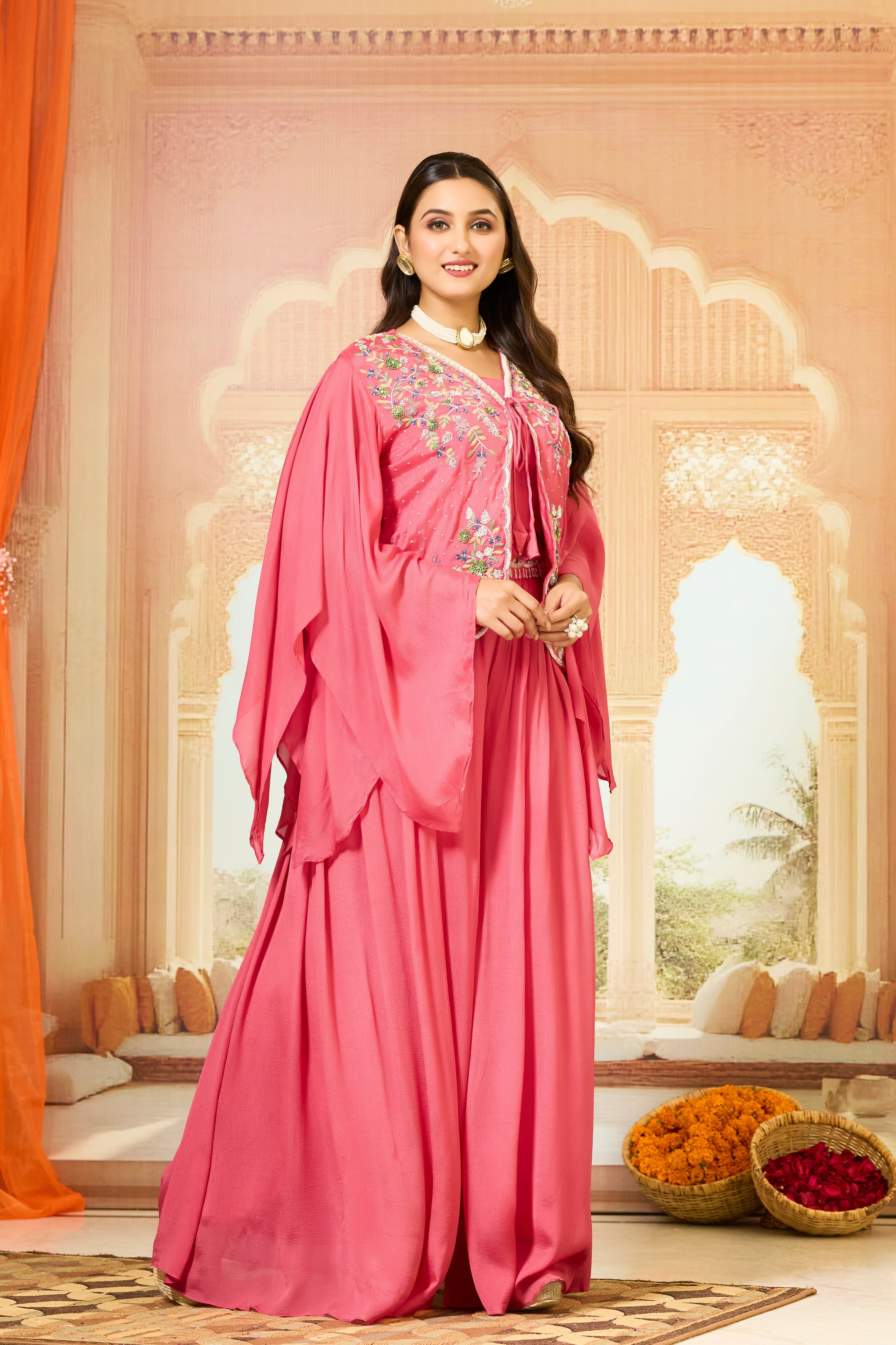 Pink Embellished Chinon Silk Palazzo Set