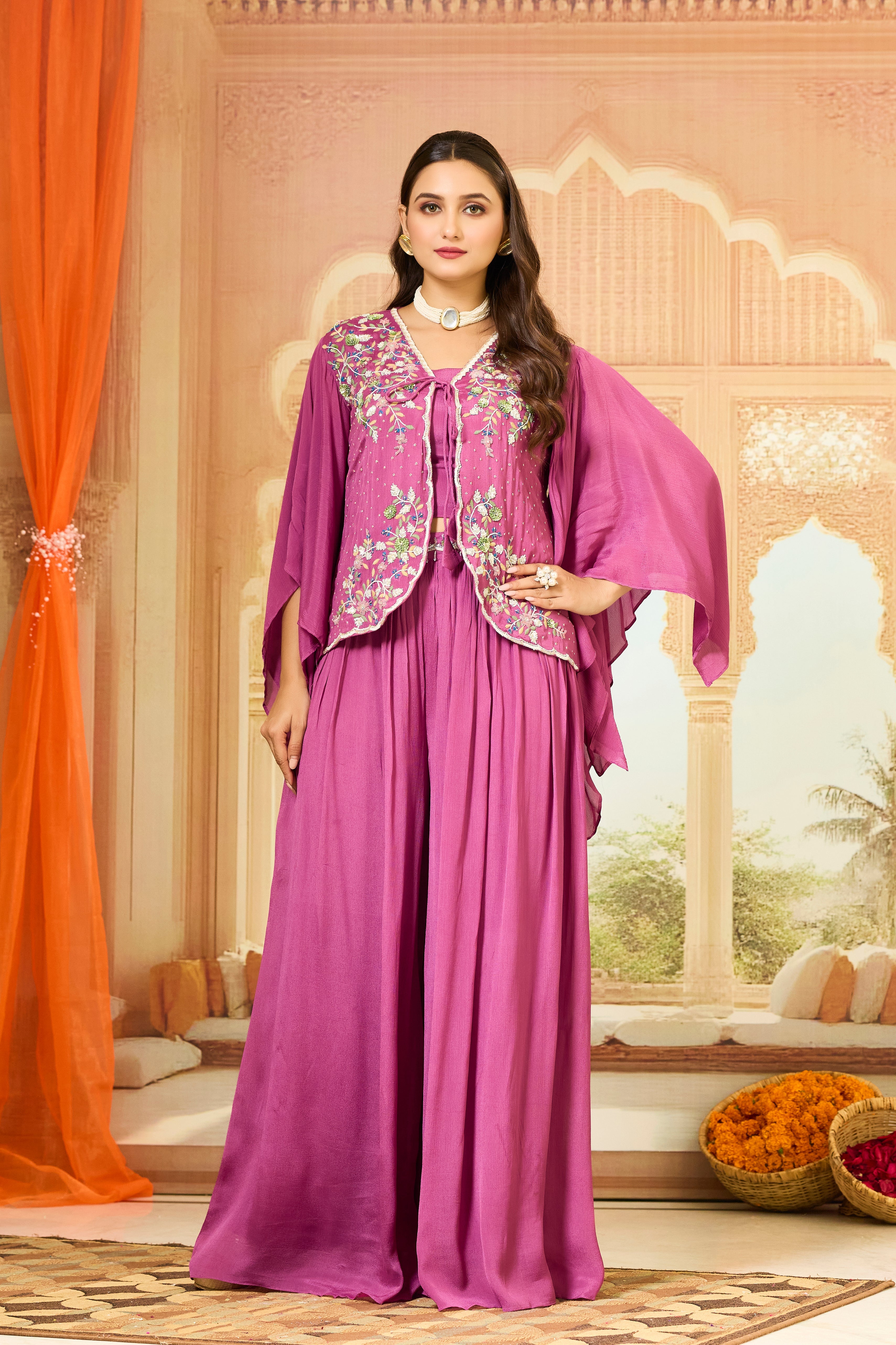 Dark Pink Embellished Chinon Silk Palazzo Set