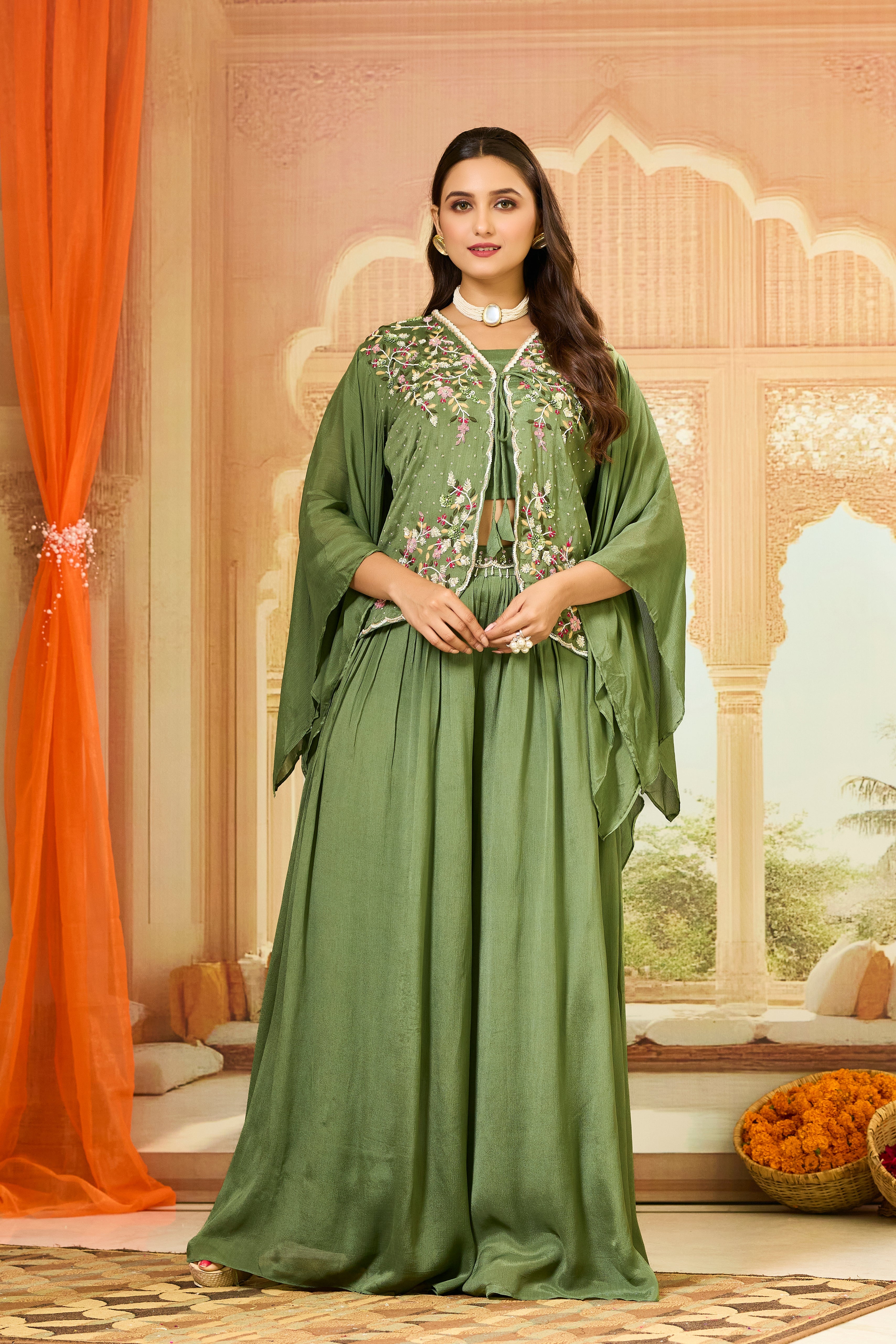 Green Embellished Chinon Silk Palazzo Set