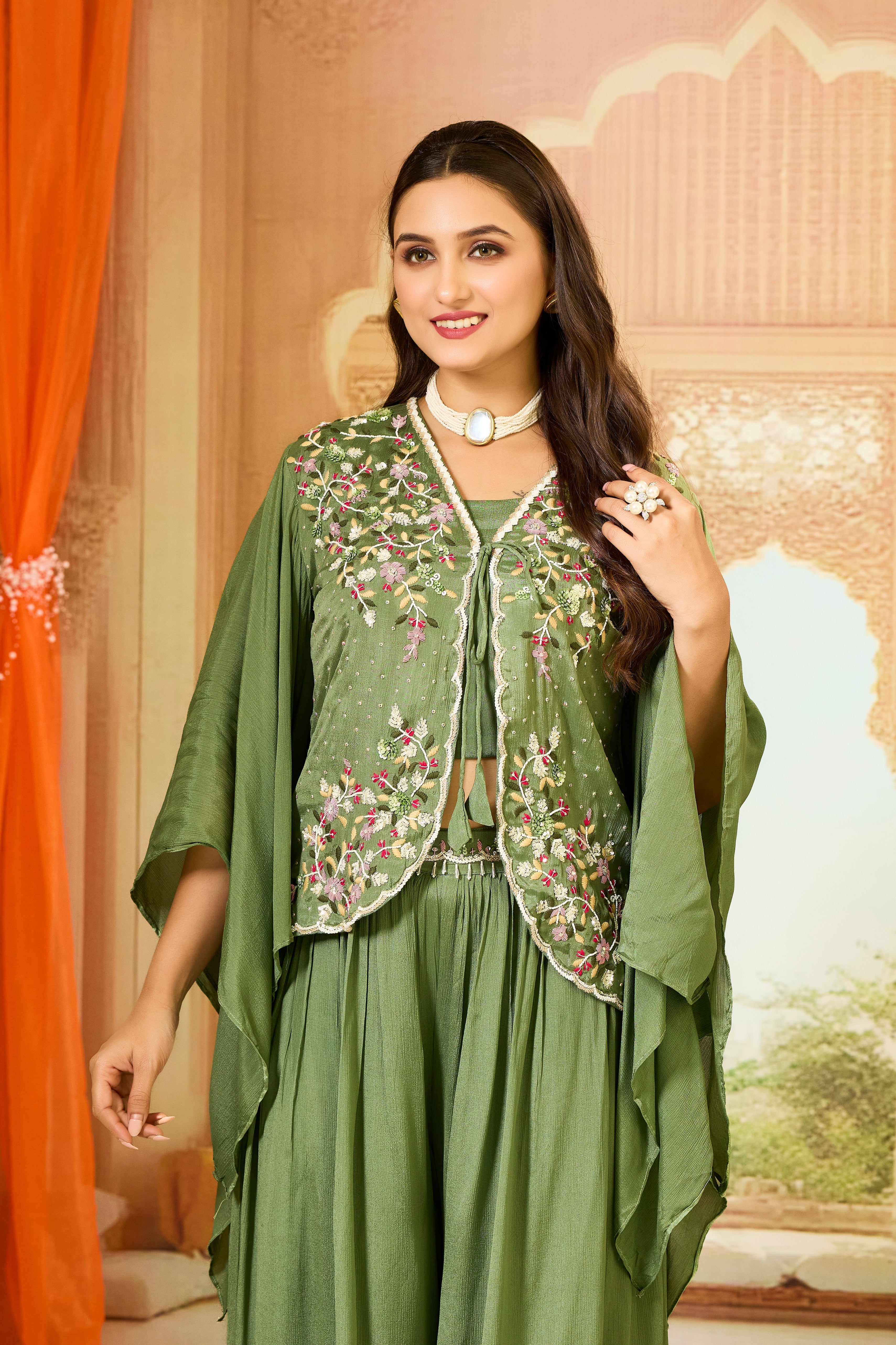 Green Embellished Chinon Silk Palazzo Set