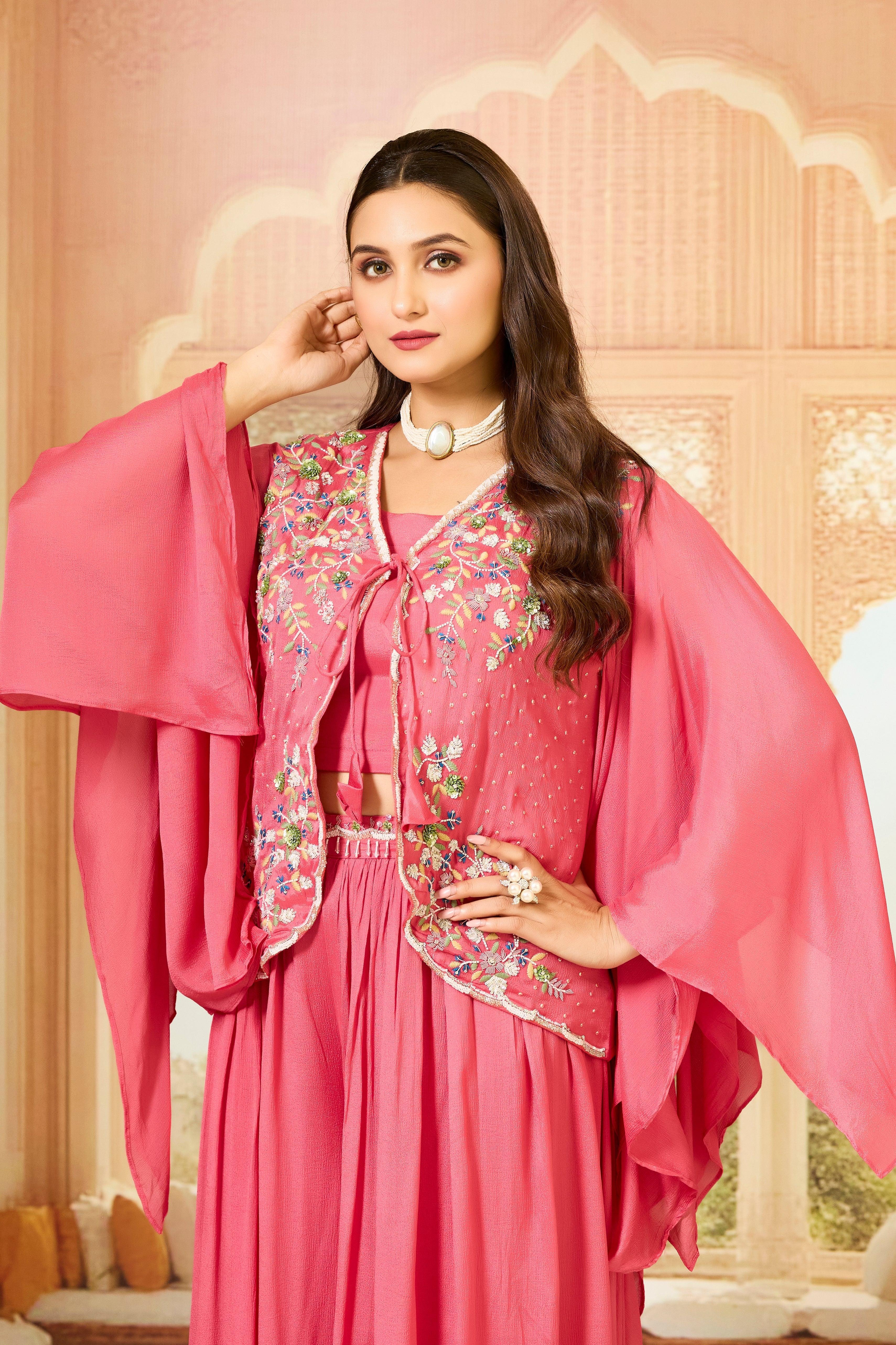 Pink Embellished Chinon Silk Palazzo Set