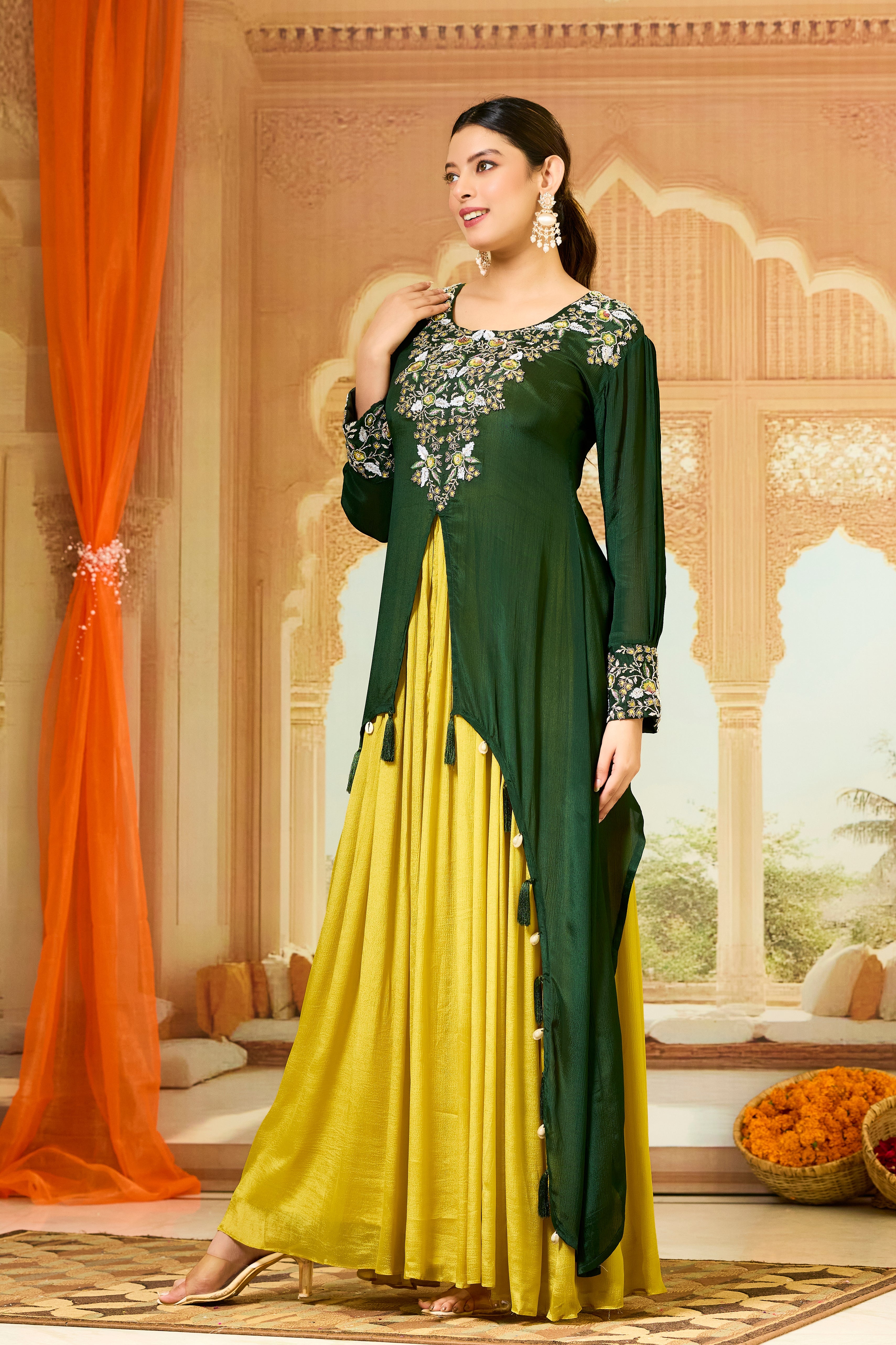 Green Embellished Chinon Silk Gown