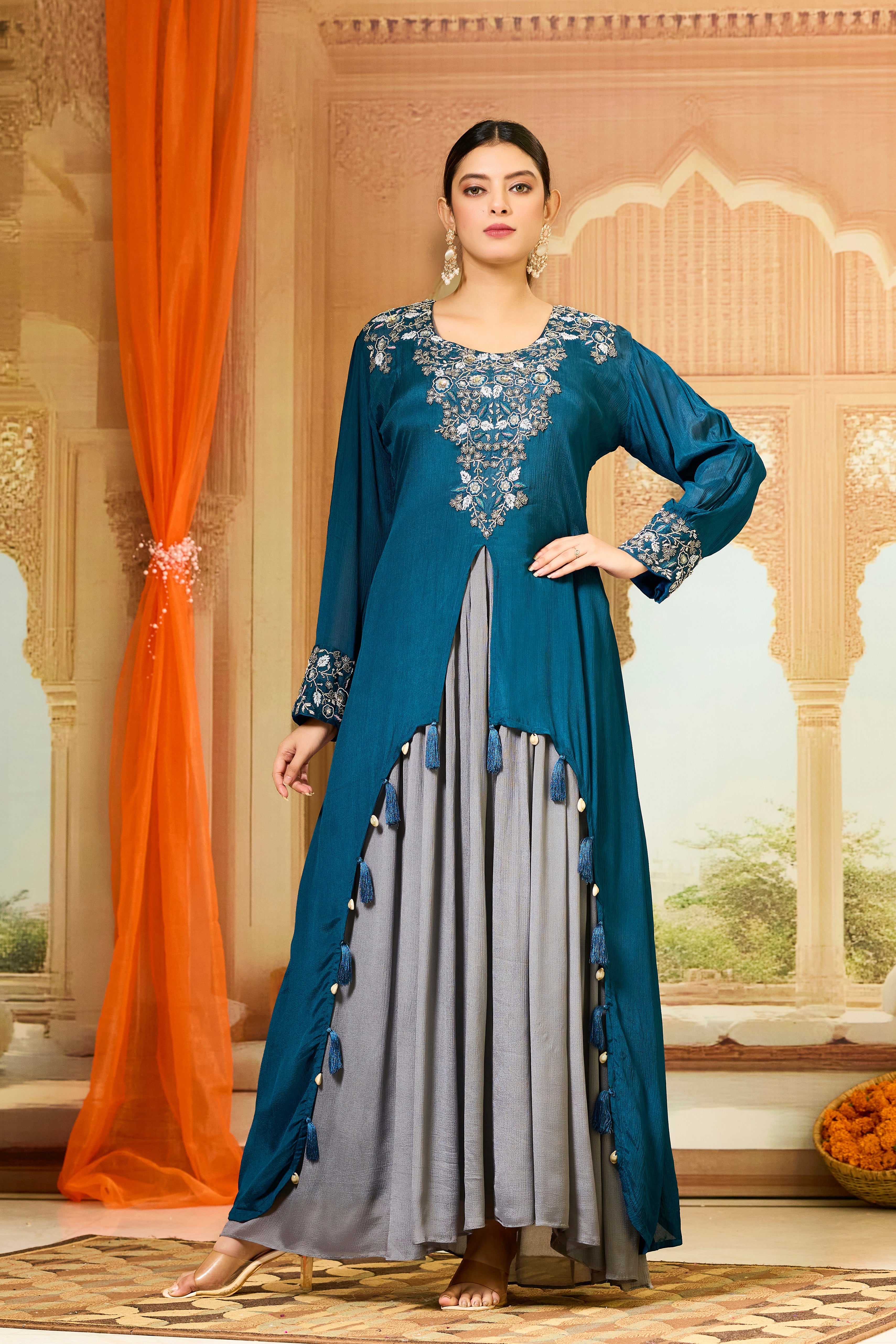 Teal Embellished Chinon Silk Gown