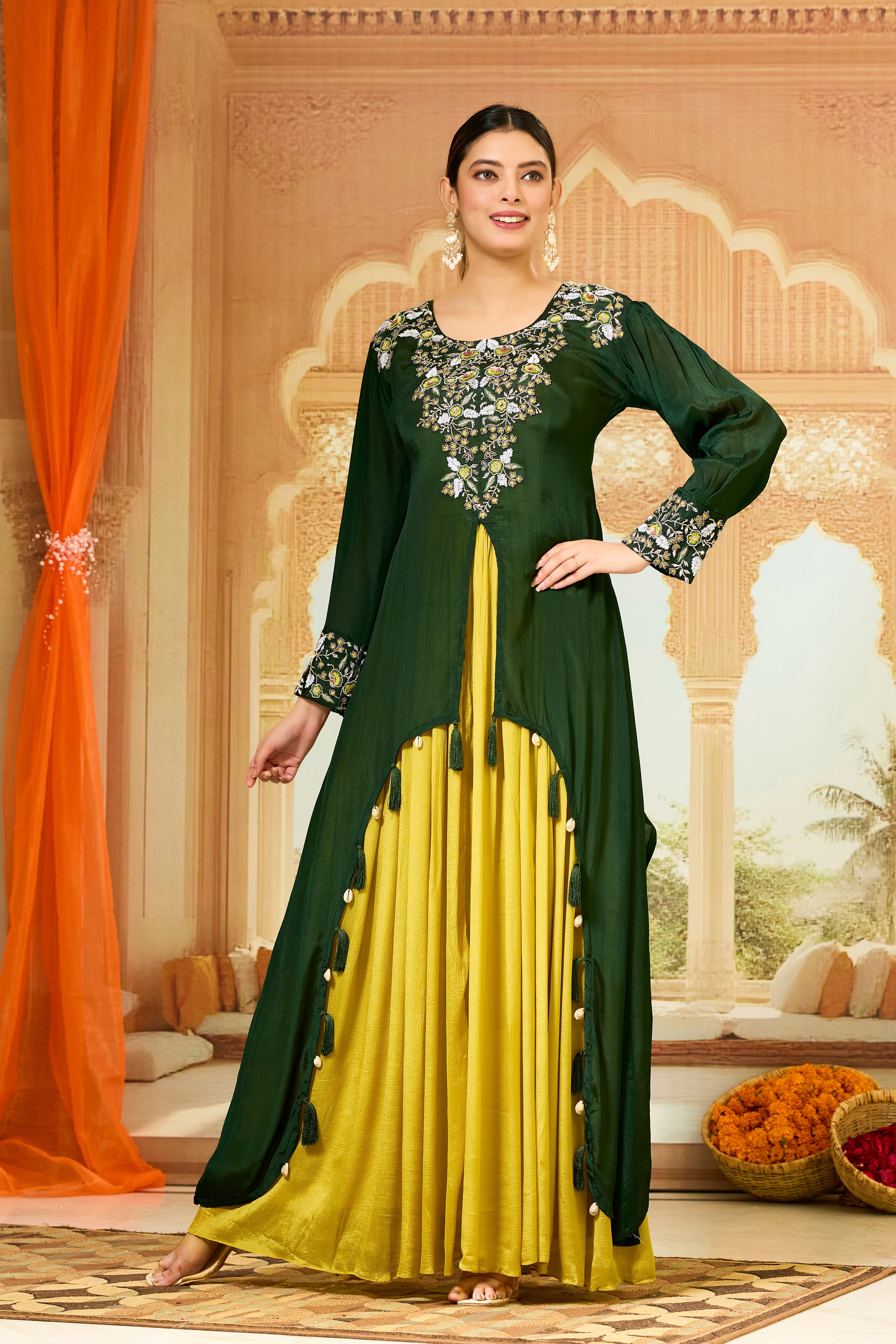 Green Embellished Chinon Silk Gown