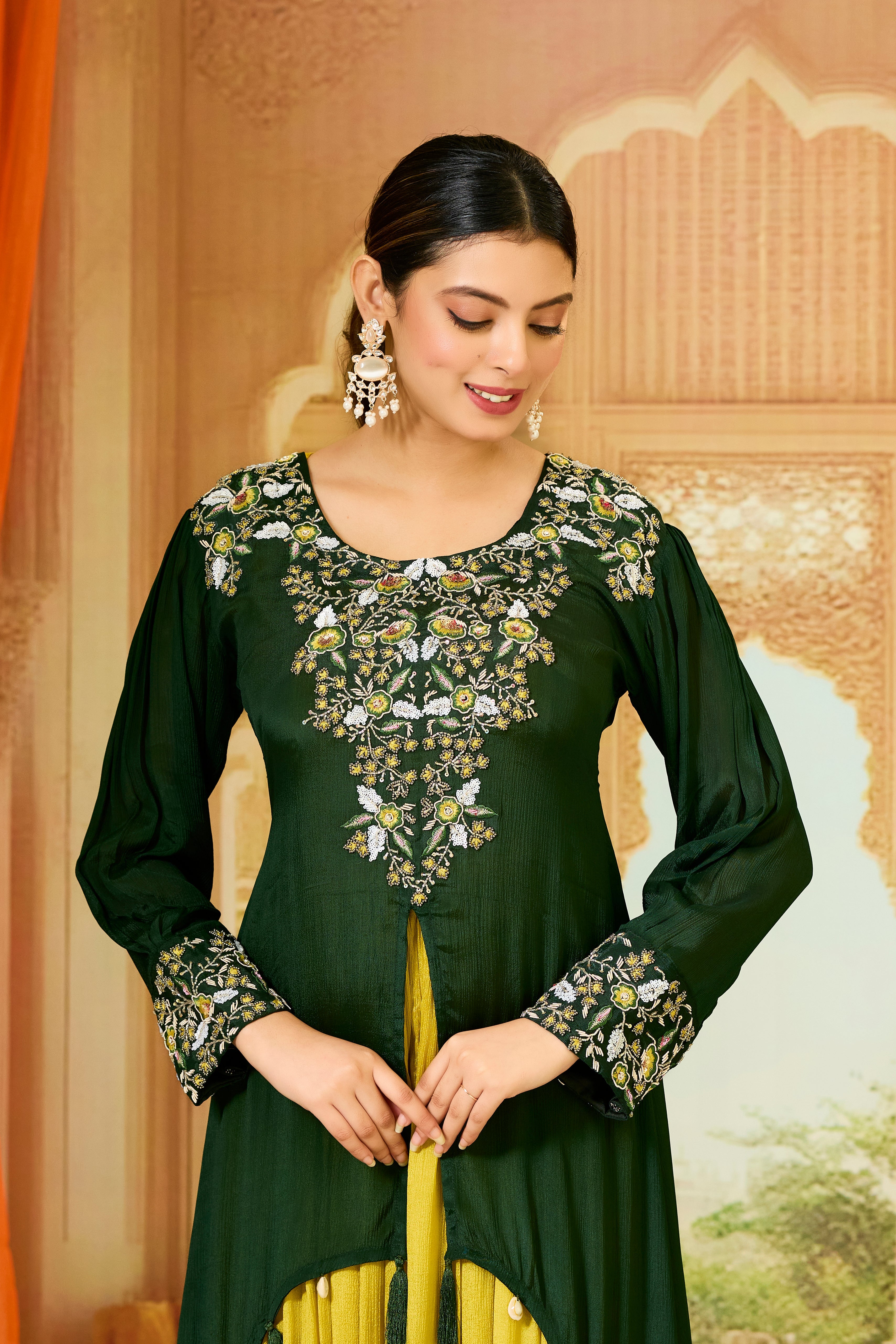 Green Embellished Chinon Silk Gown