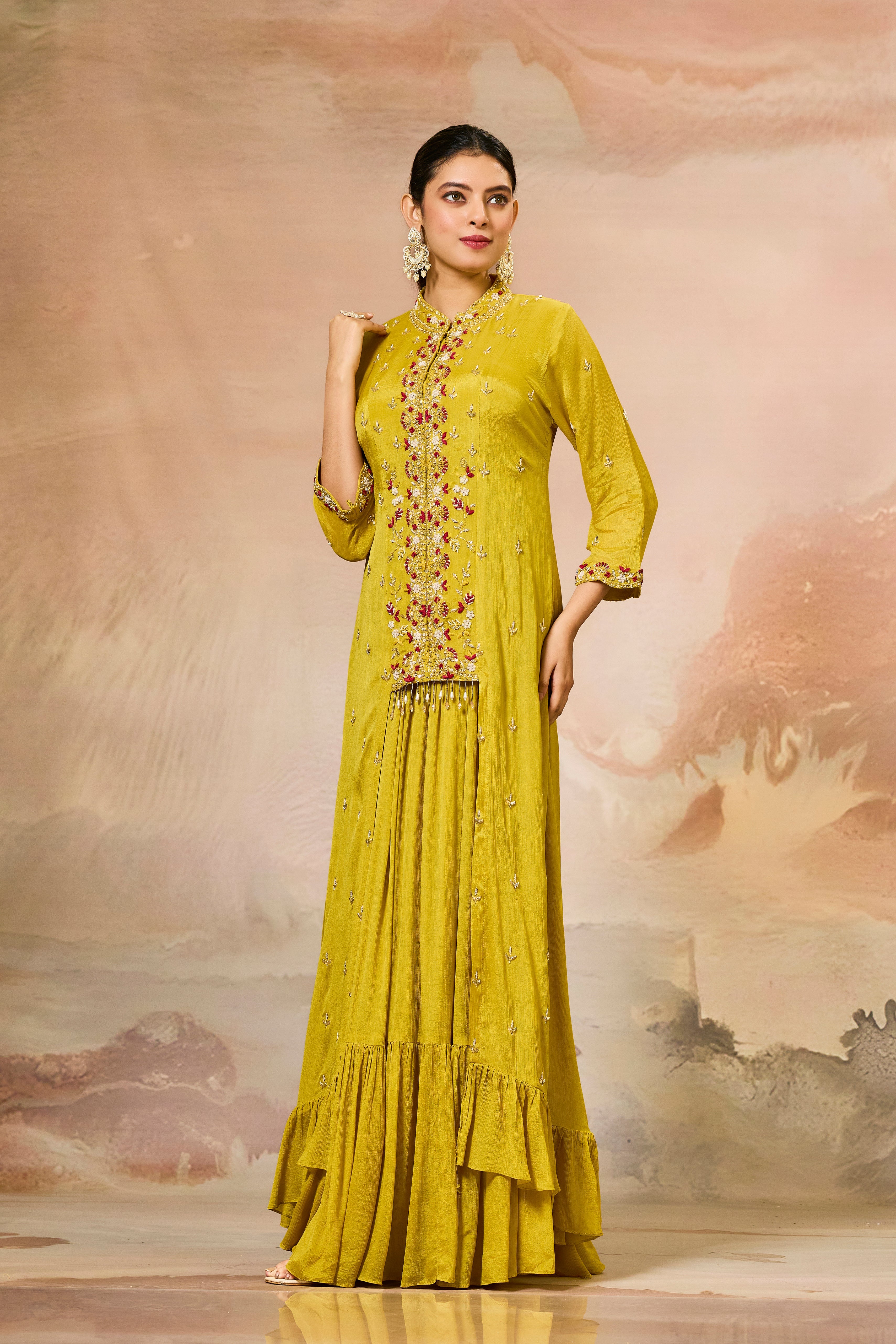 Yellow Embellished Chinon Silk Gown