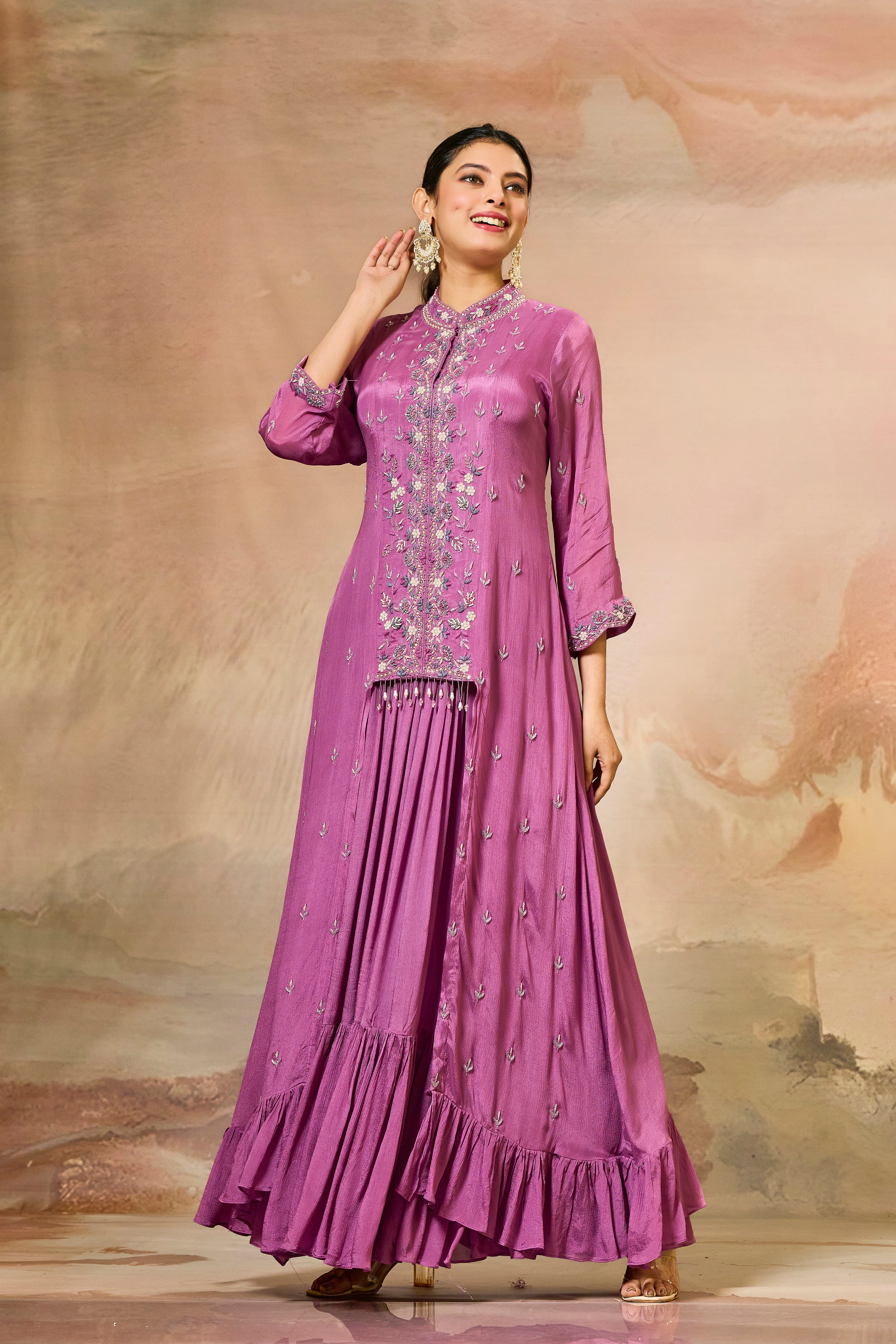 Pink Embellished Chinon Silk Gown