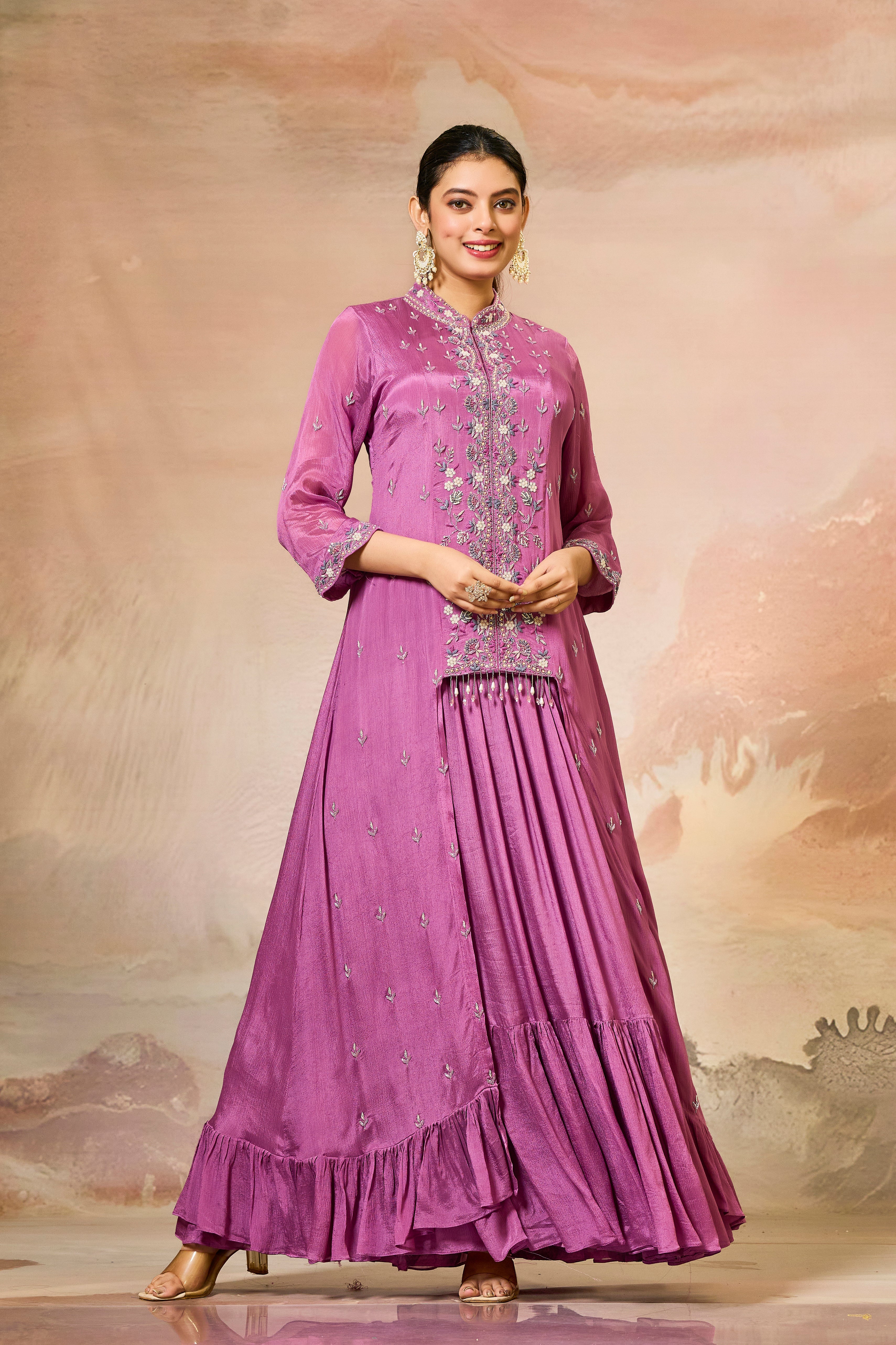 Pink Embellished Chinon Silk Gown