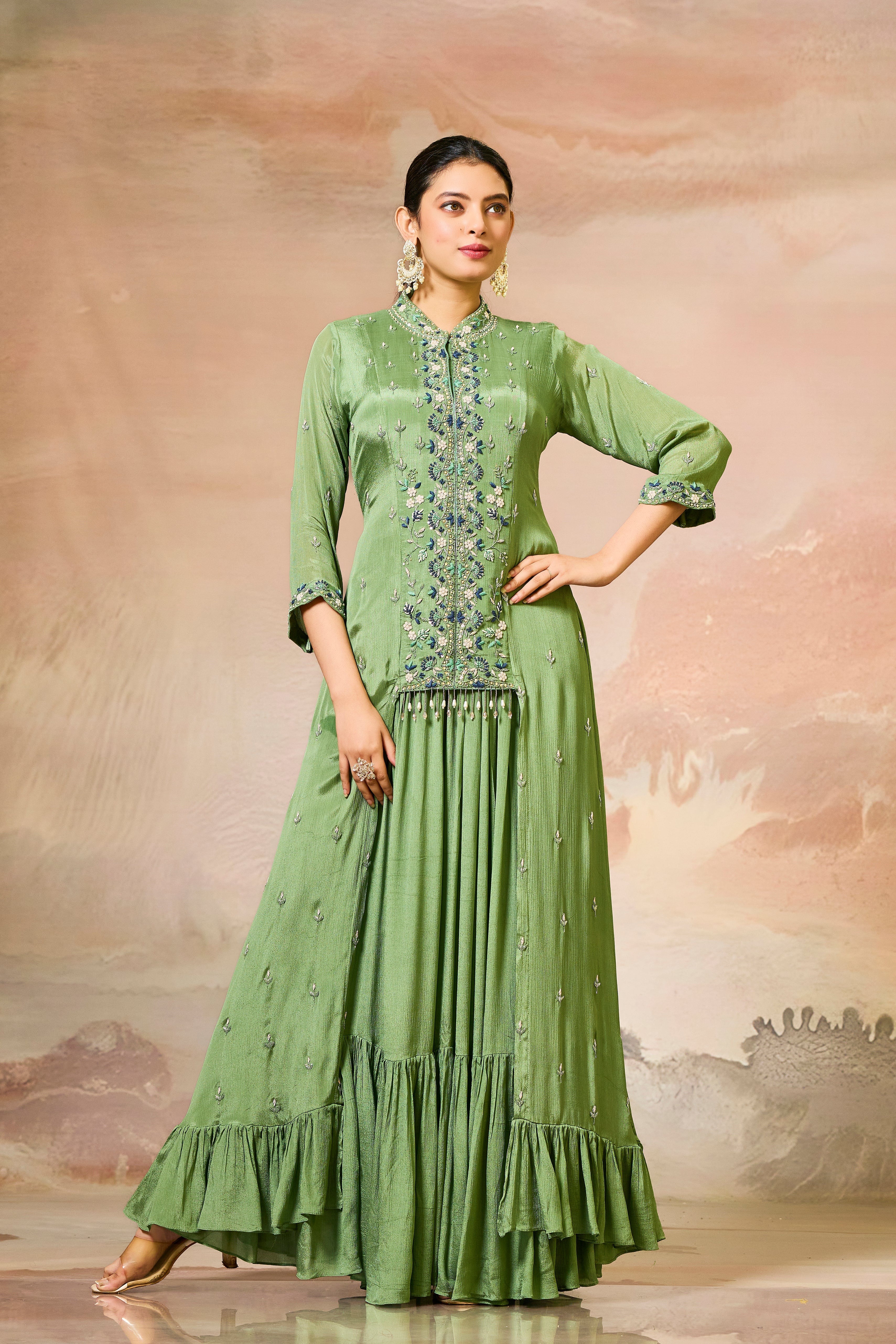Green Embellished Chinon Silk Gown