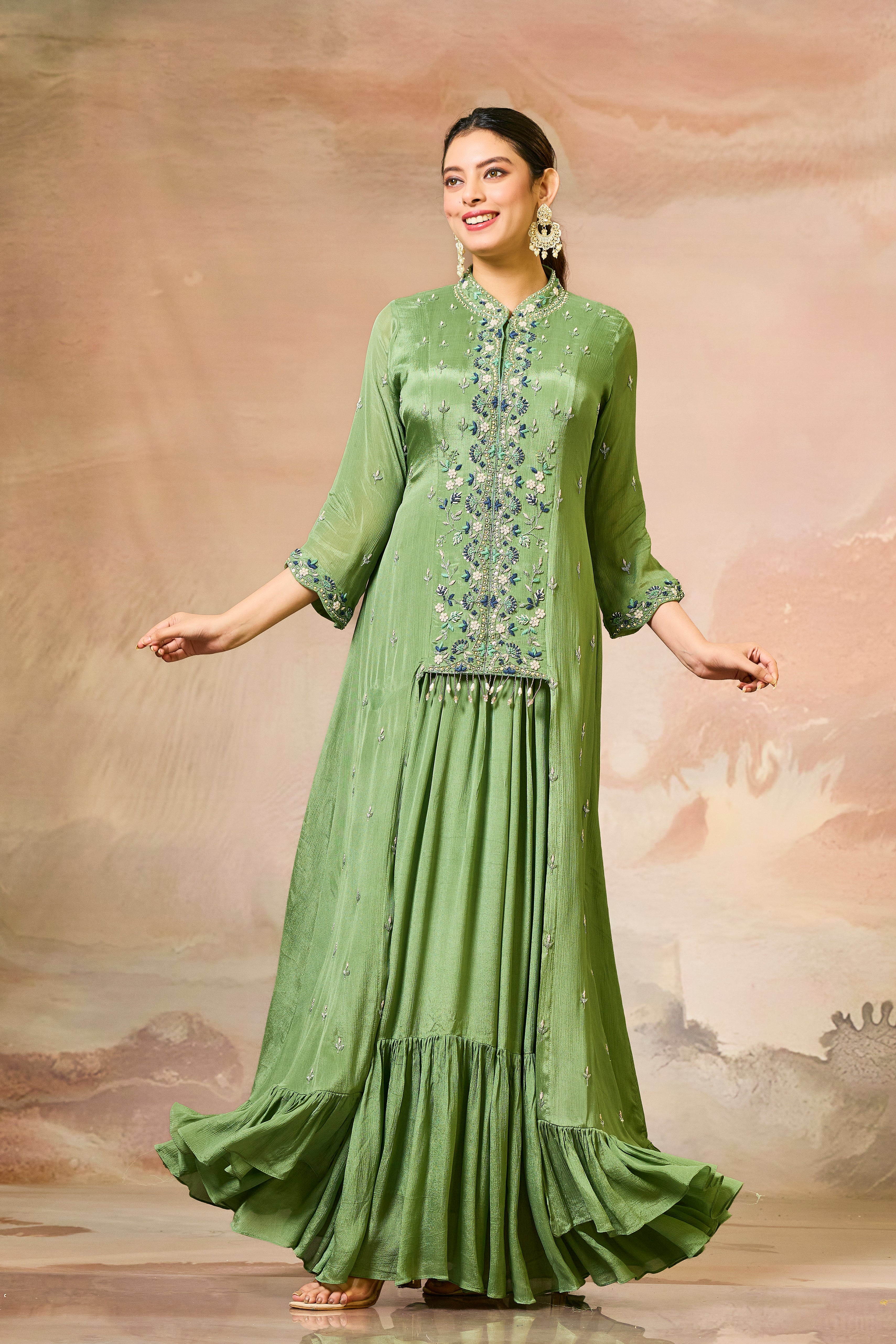 Green Embellished Chinon Silk Gown
