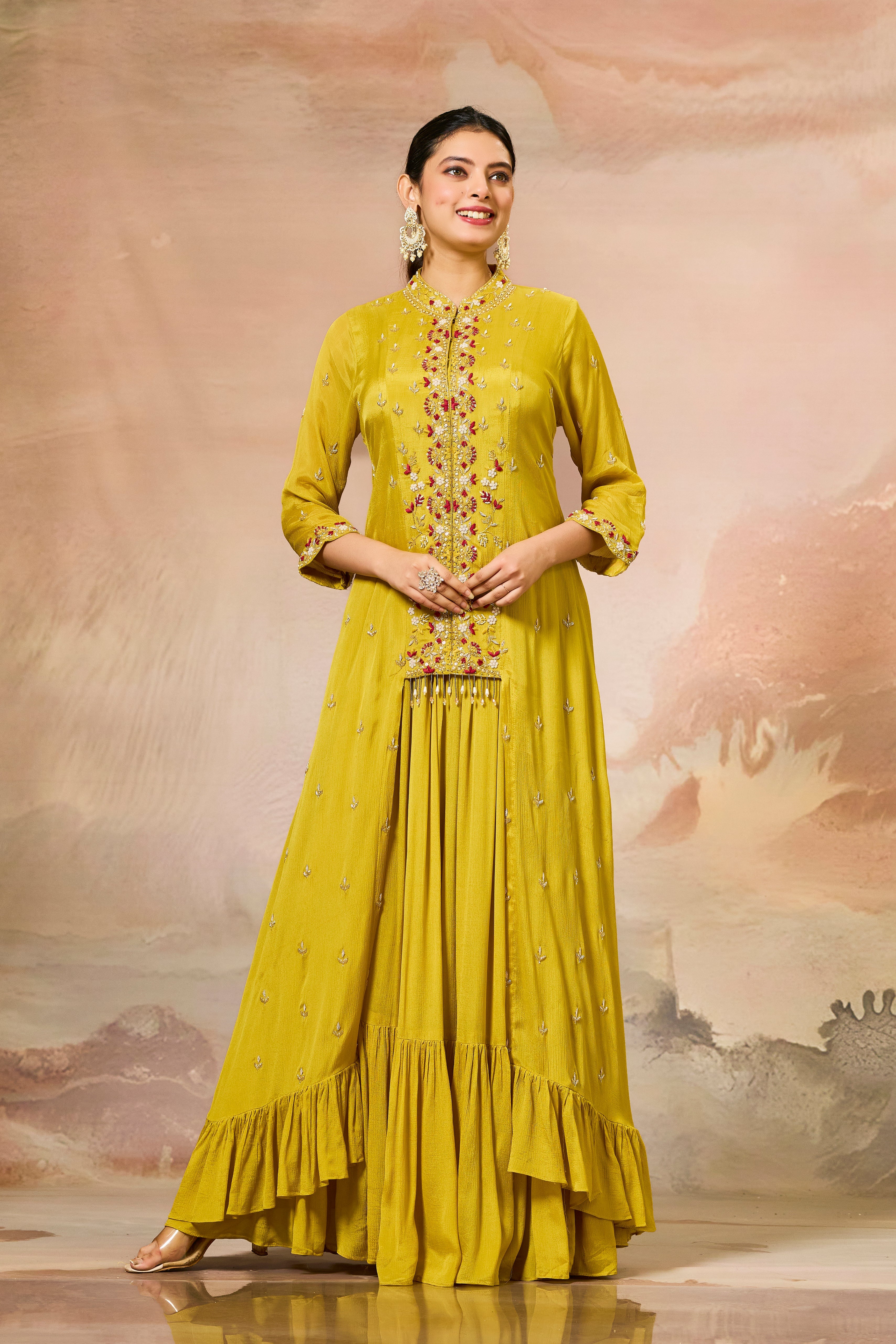 Yellow Embellished Chinon Silk Gown