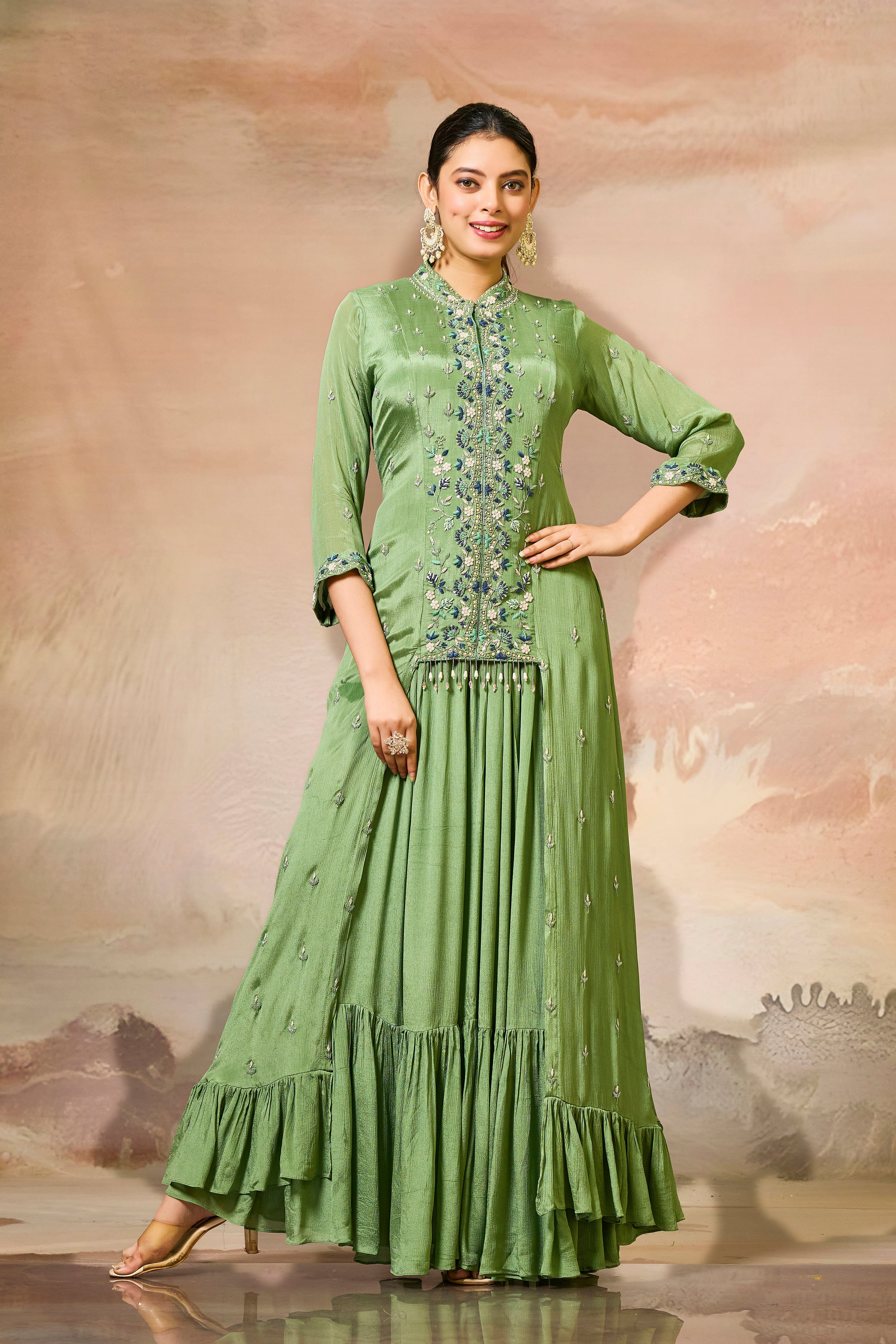 Green Embellished Chinon Silk Gown