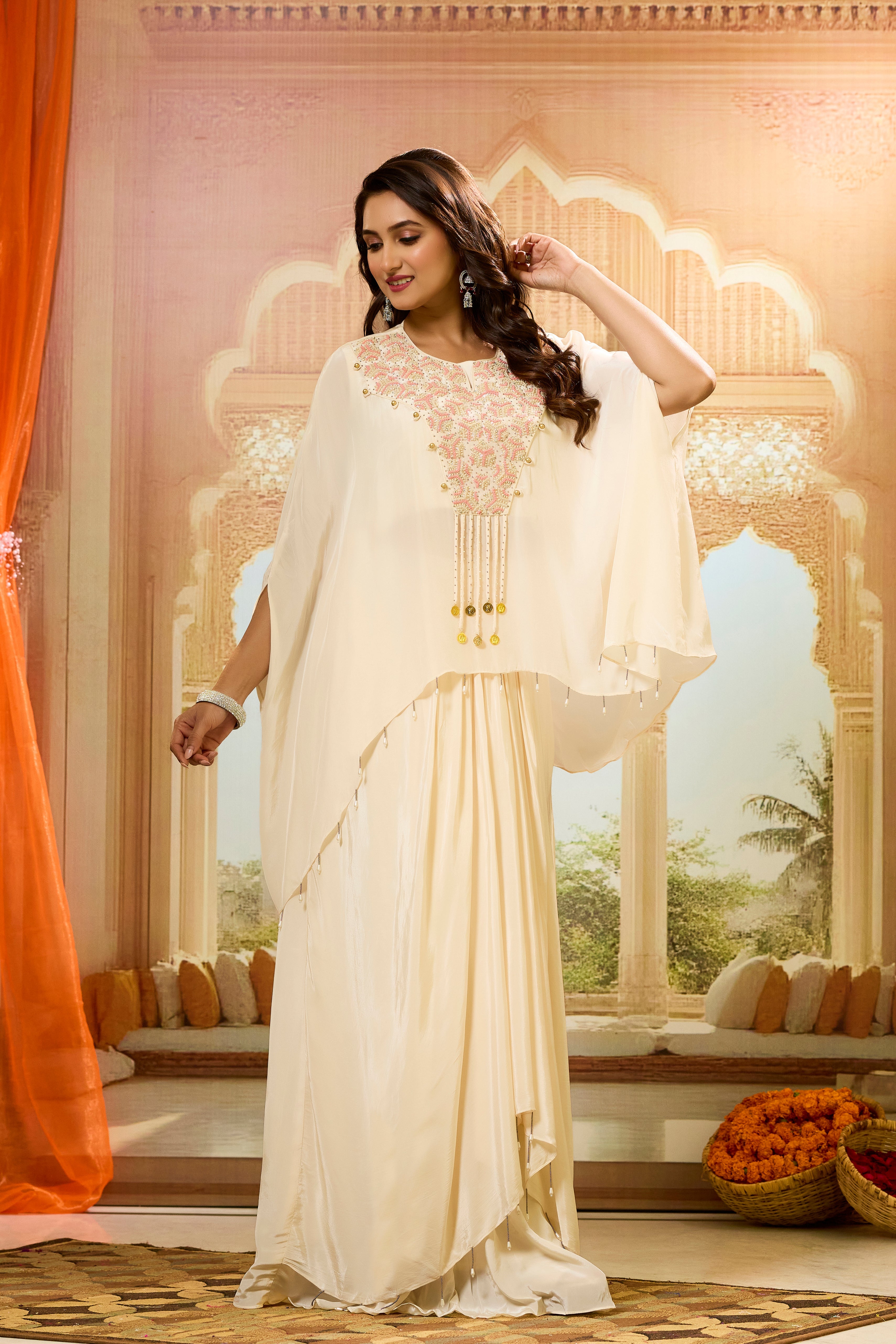 Cream Handwork Crepe Silk Skirt Set