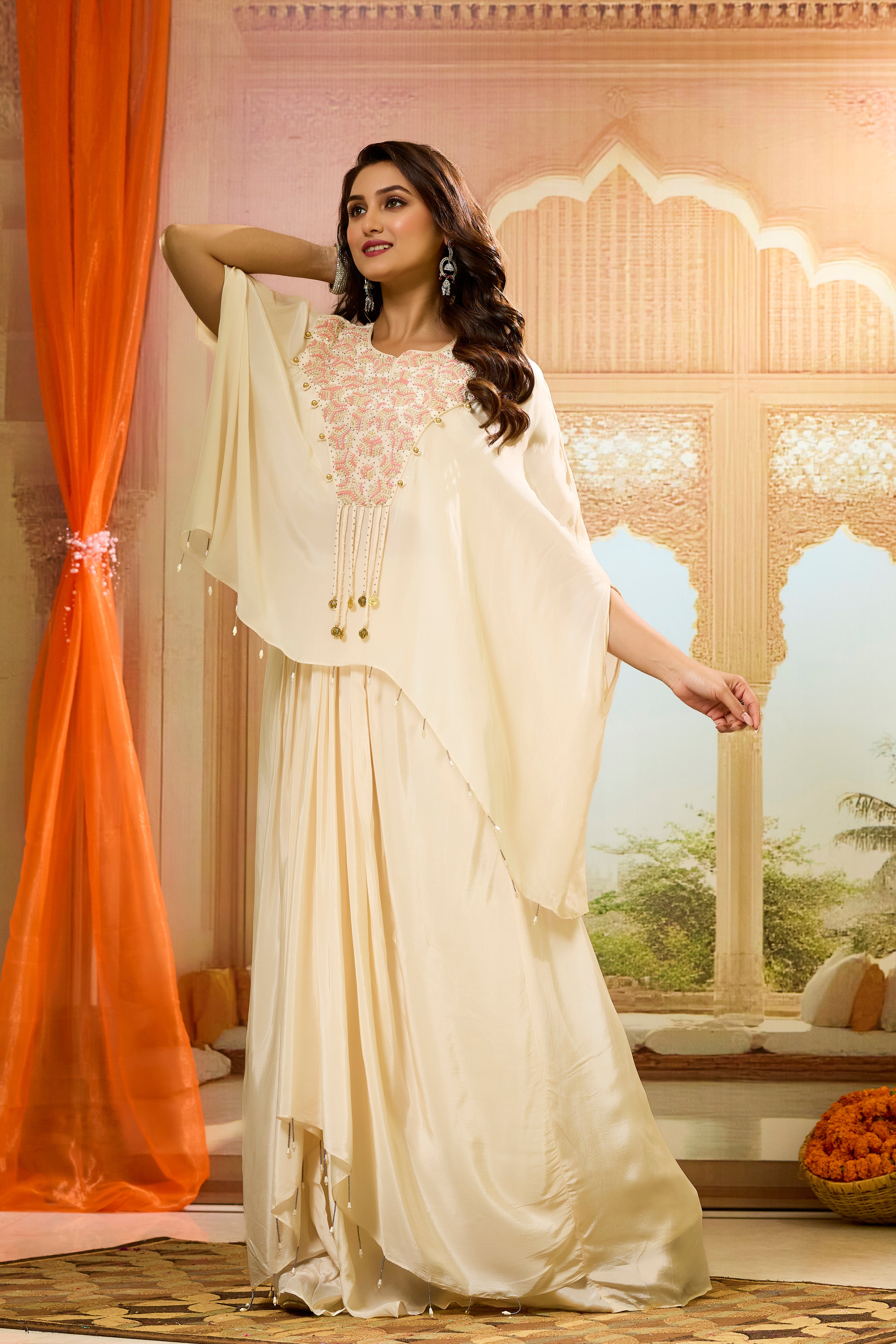 Cream Handwork Crepe Silk Skirt Set