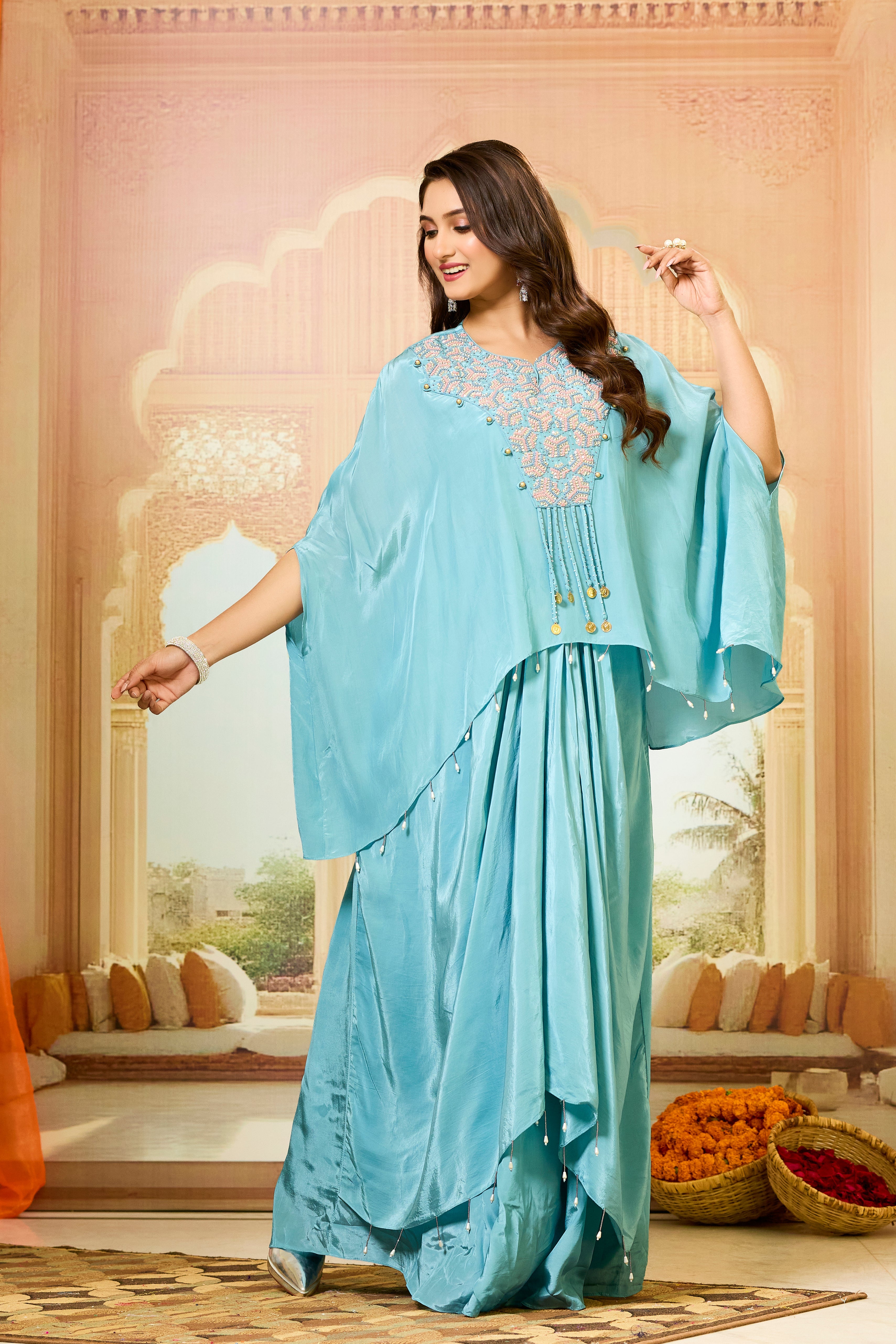 Blue Handwork Crepe Silk Skirt Set