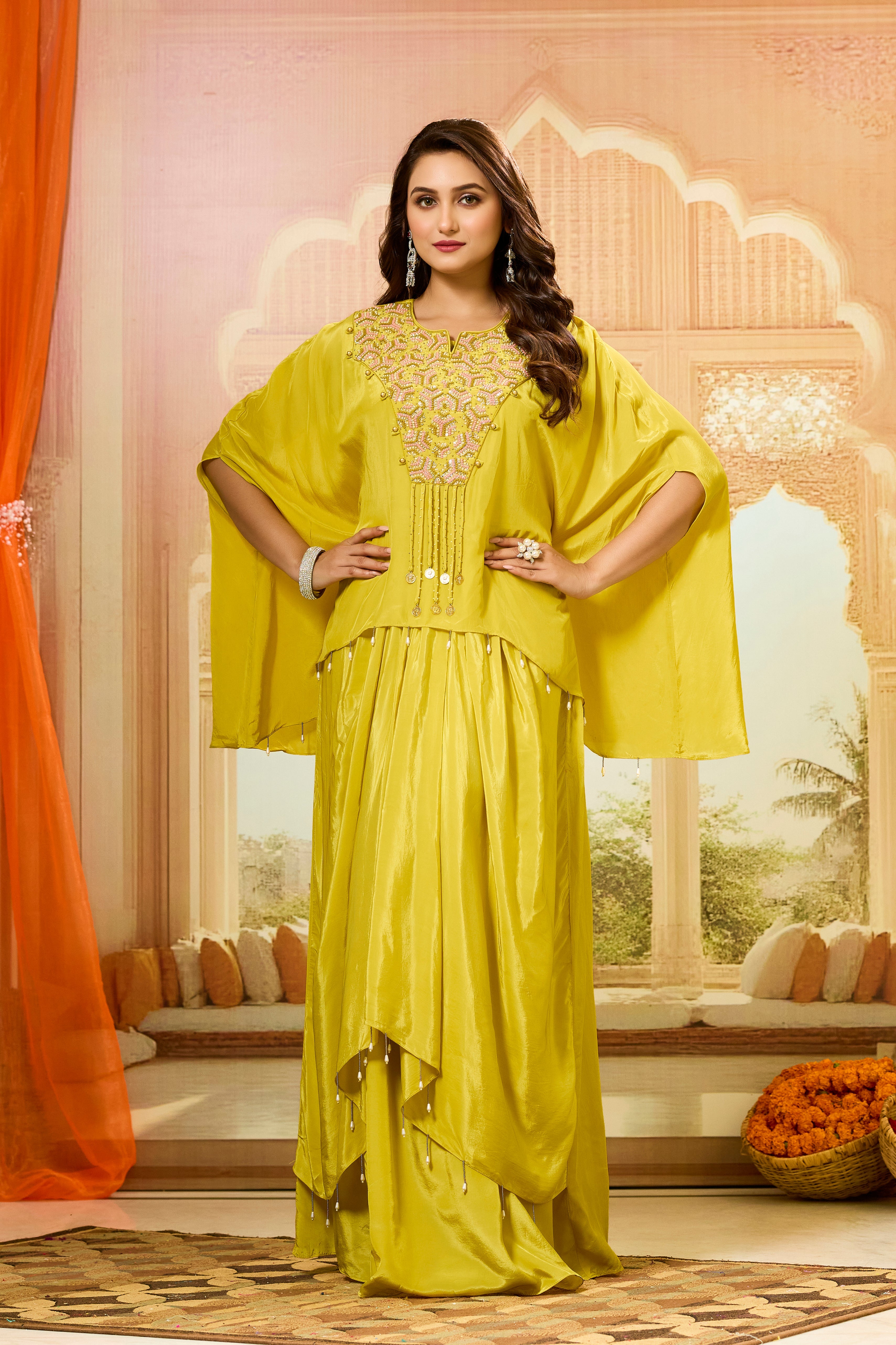Yellow Handwork Crepe Silk Skirt Set