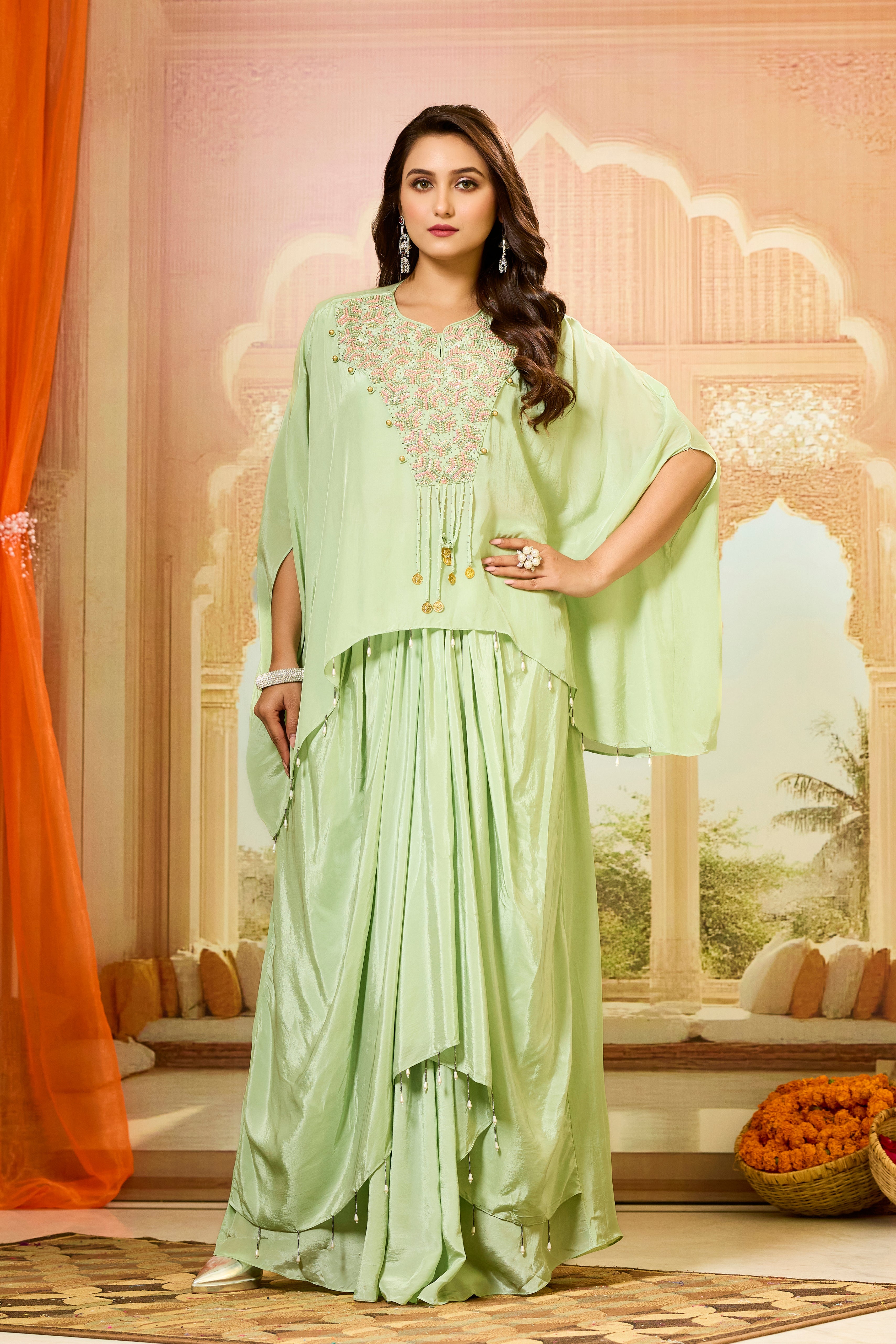 Green Handwork Crepe Silk Skirt Set